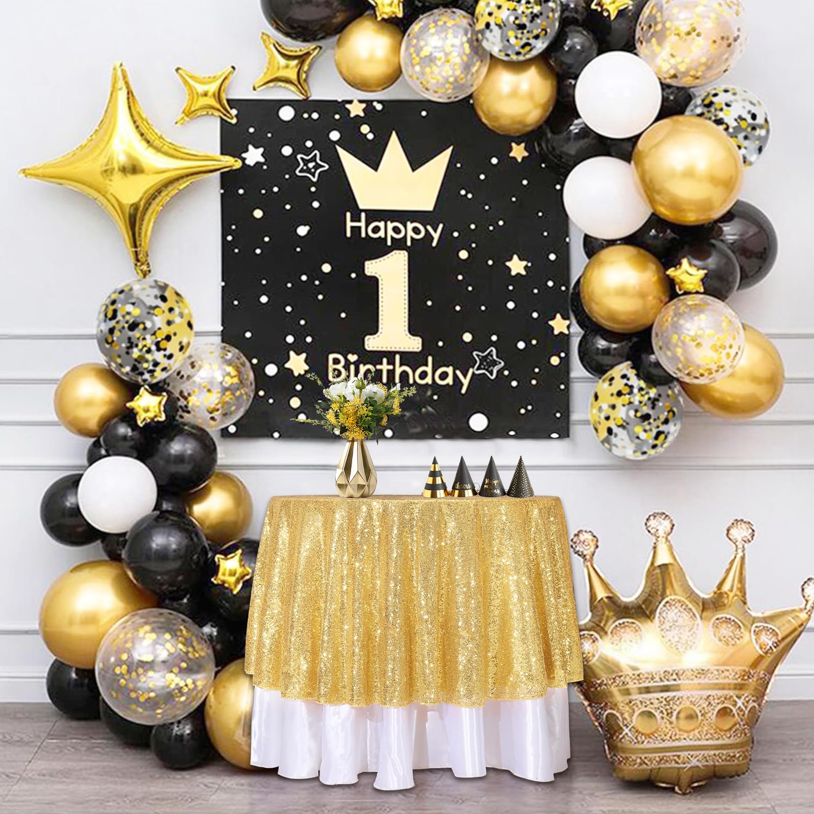 Partydelight 50'' Round Sparkly Gold Sequin Tablecloth For Wedding, Party, Christmas Decorations