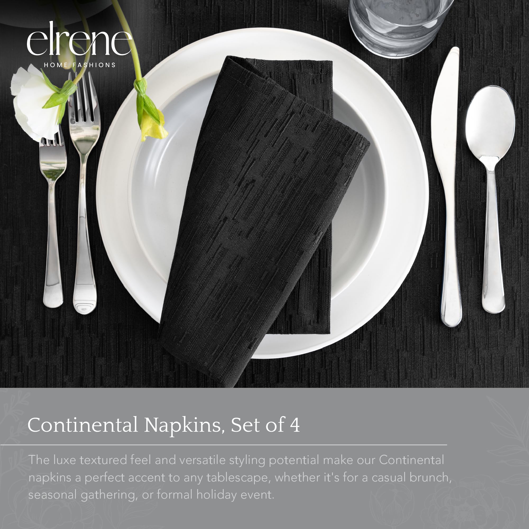 Elrene Home Fashions Continental Solid Textured Water- And Stain-Resistant Napkins, Set Of 4, Black