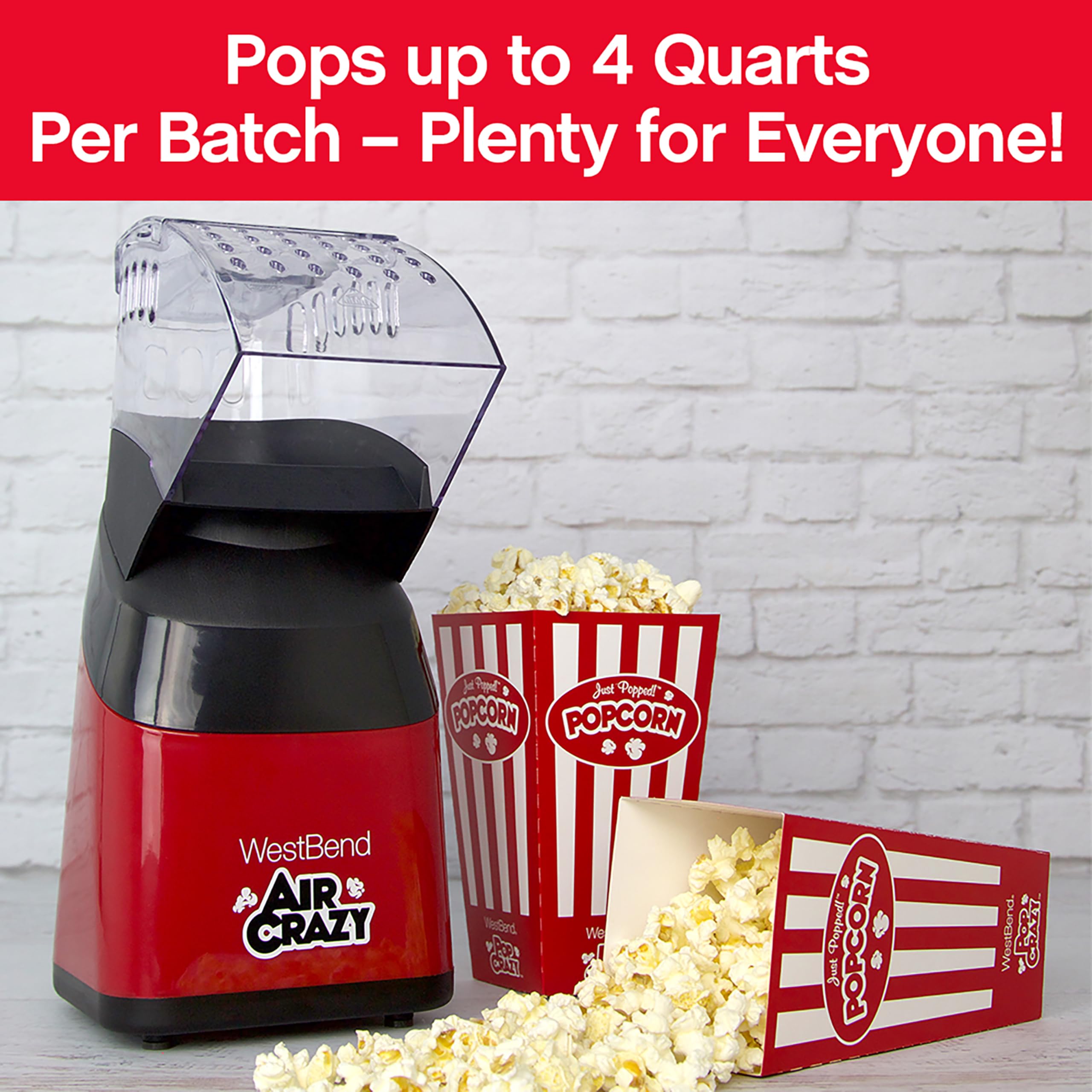 West Bend Air Crazy Popcorn Machine For Healthy Snacking With No Oil, 4-Quart, Red