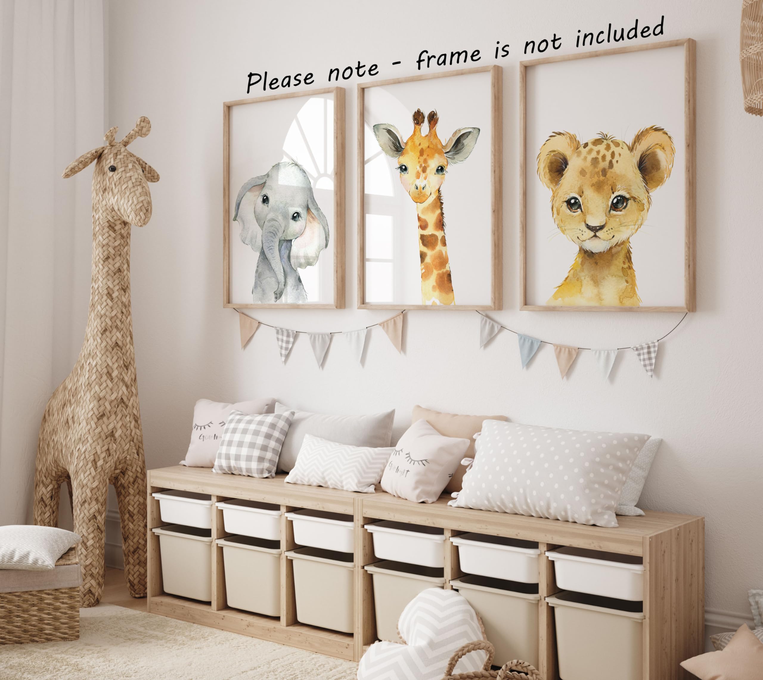 Baby Safari Animals For Girl Or Boy Nursery Bedroom, Set Of 3 Unframed Wall Art Prints, Nursery Decor Gift, Giraffe Elephant Lio