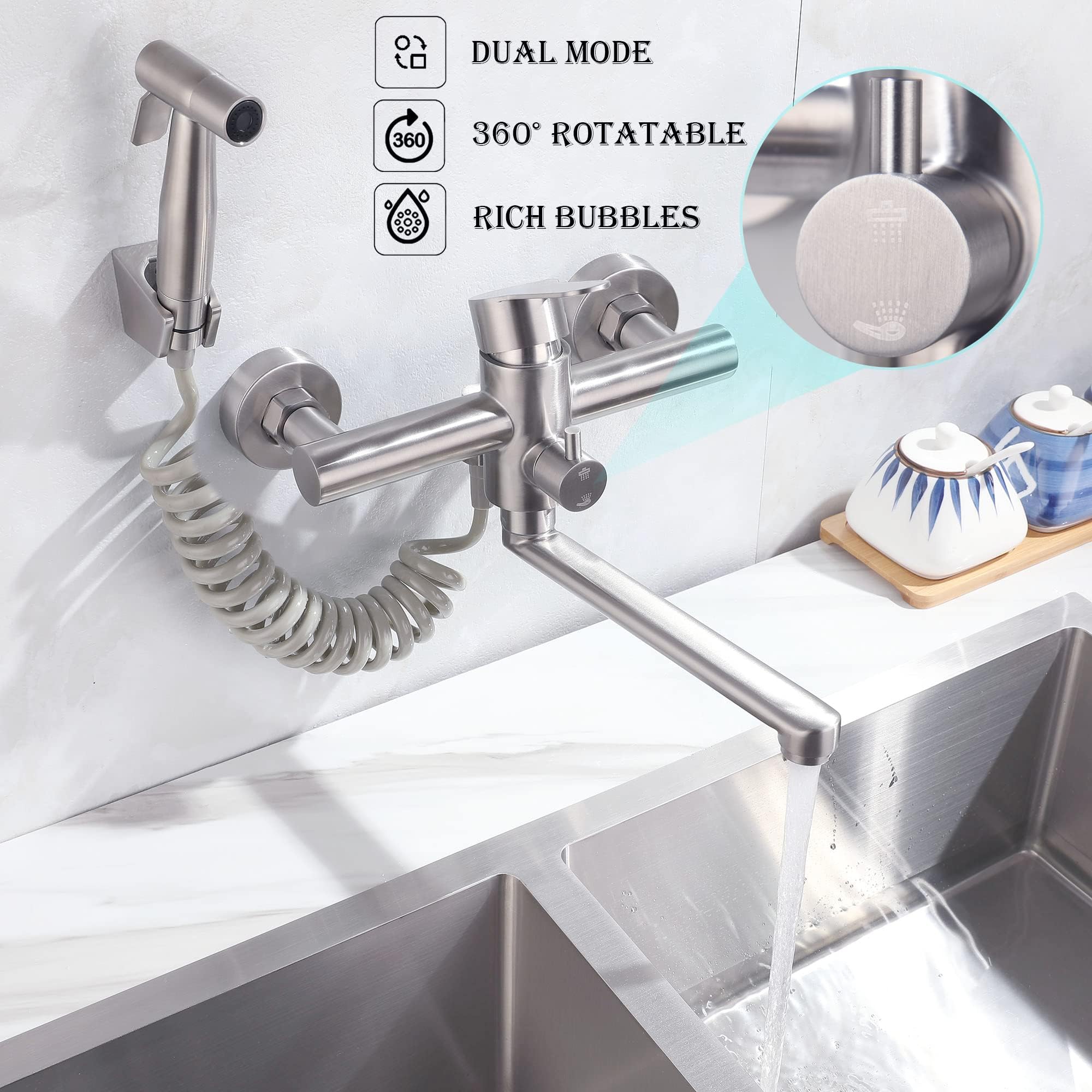 Zhyich Wall Mount Kitchen Sink Faucet With Side Sprayer, Commercial Faucet, Nickel Brushed Unility Sink Faucet, Mixer Tap, 7.7-8