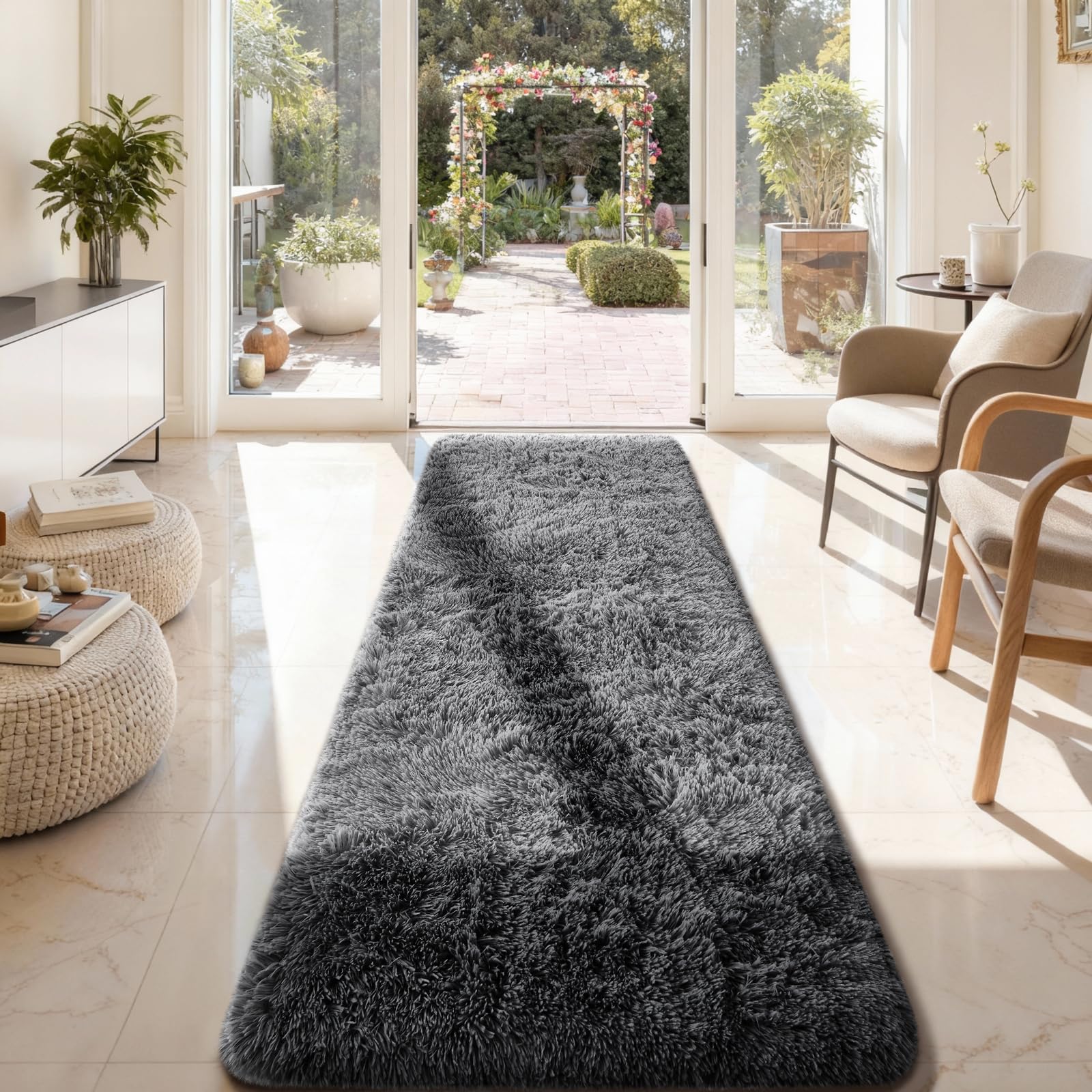 Ophanie 2x8 Runner Rug for Hallway, Upgrade Non-Slip Fluffy Soft Bedside Rugs, Bedroom Living Room Grey Shaggy Gray Carpet for K
