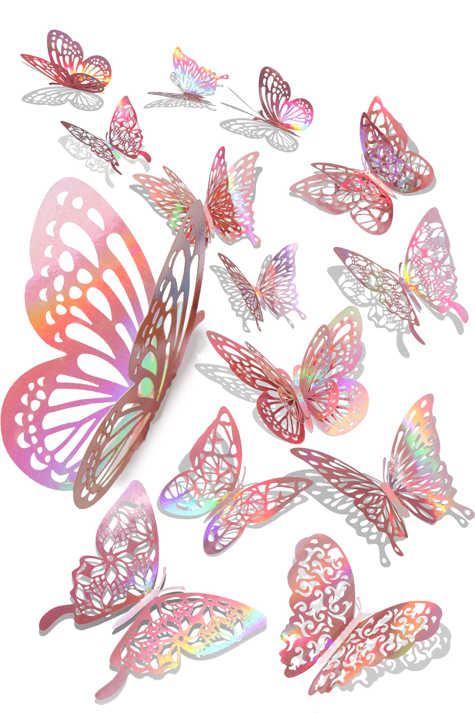 60 Pcs 3D Butterfly Wall Decor Stickers Iridescent Rose Gold Butterfly Decorations Party, Holographic Butterflies Decor Butterfl