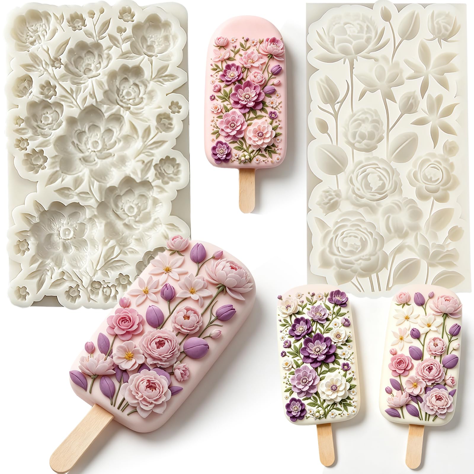 IKOJING 2Pcs 3D Flower Silicone Fondant Mold for Cake Decorating Chocolate