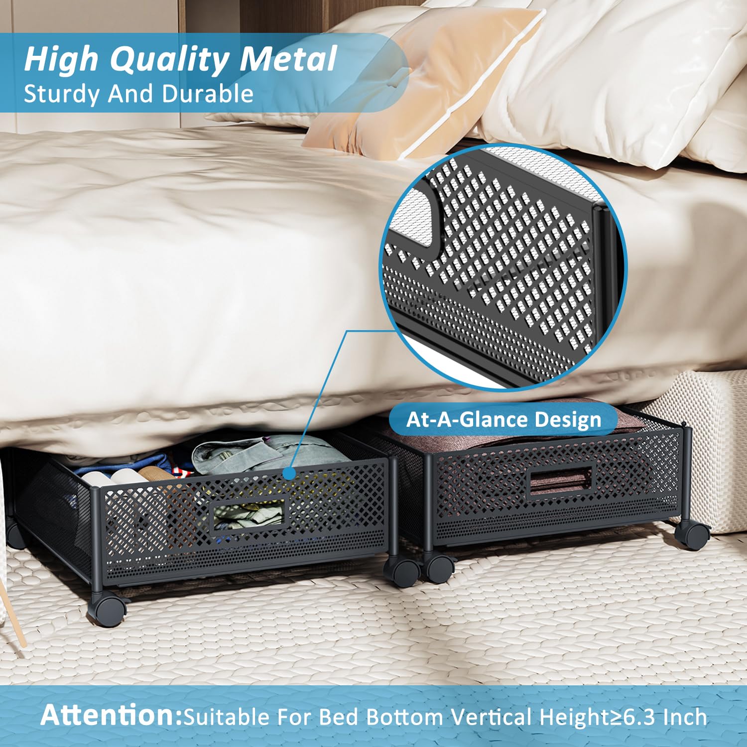 Nonkky 47.2'' Long Under Bed Storage, 57.6L Large Capacity Under Bed Storage with Wheels, Rolling Under the Bed Storage Containe