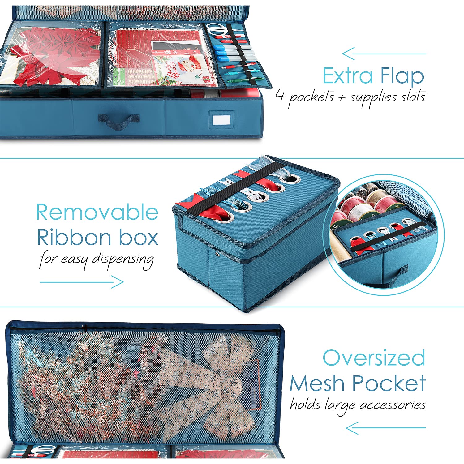 Hearth & Harbor Wrapping Paper Storage Organizer - Large Steel Blue Fabric Under-Bed Box for Holiday & Gift Wrap Storage - Model VDS-HHHS08