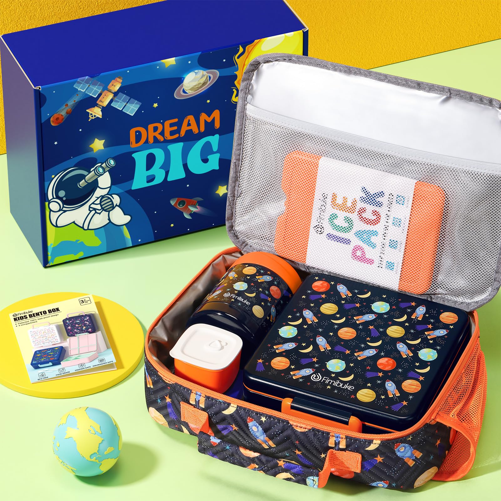 Fimibuke Kids Bento Snack Lunch Box With 4 Compartment, Insulated Lunch Bag, Stainless Steel Vacuum Thermos Food Jar, Ice Pack,