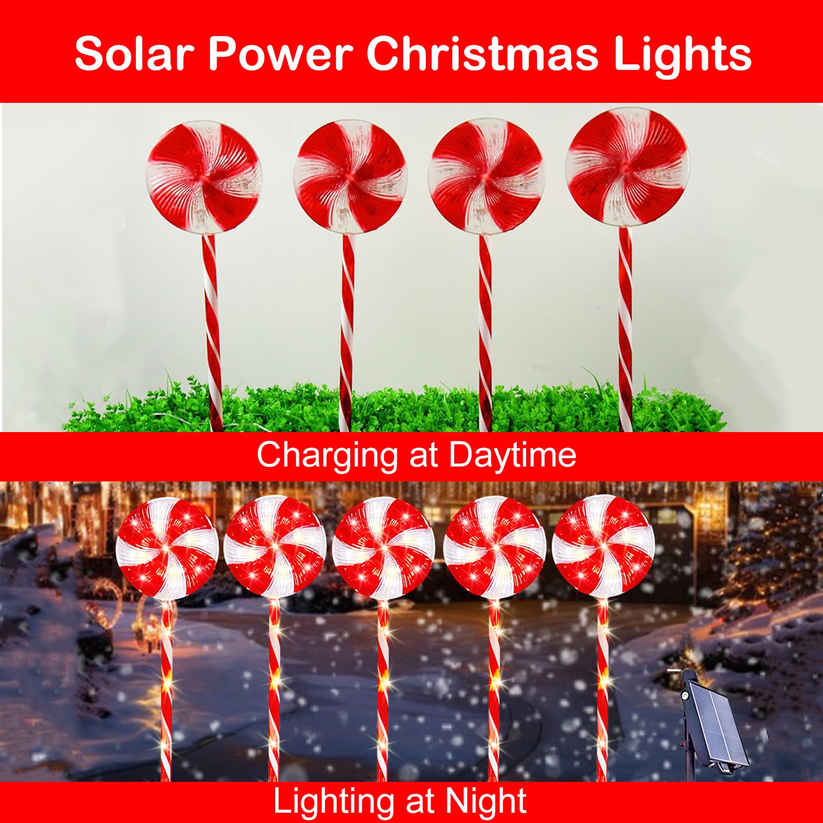 Solar Christmas Pathway Lights - 5 Pack Candy Cane Lollipop Peppermint Lights for Xmas Decorations, 22   Solar LED Candy Cane Pa