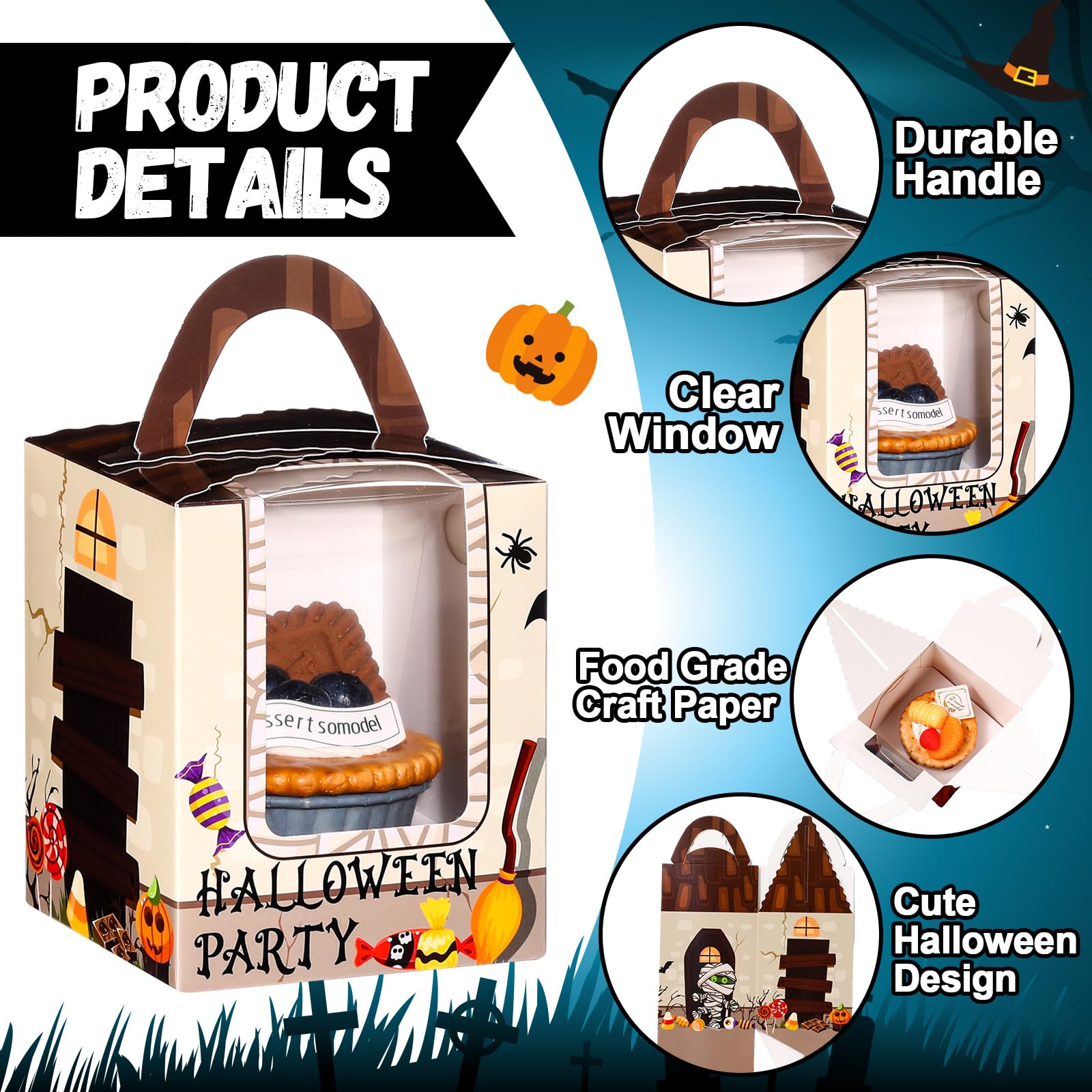 Qeeenar 60 Pieces Halloween Cupcake Boxes Halloween Individual Carriers Party Boxes with Clear Window for Cupcake Candies Gifts