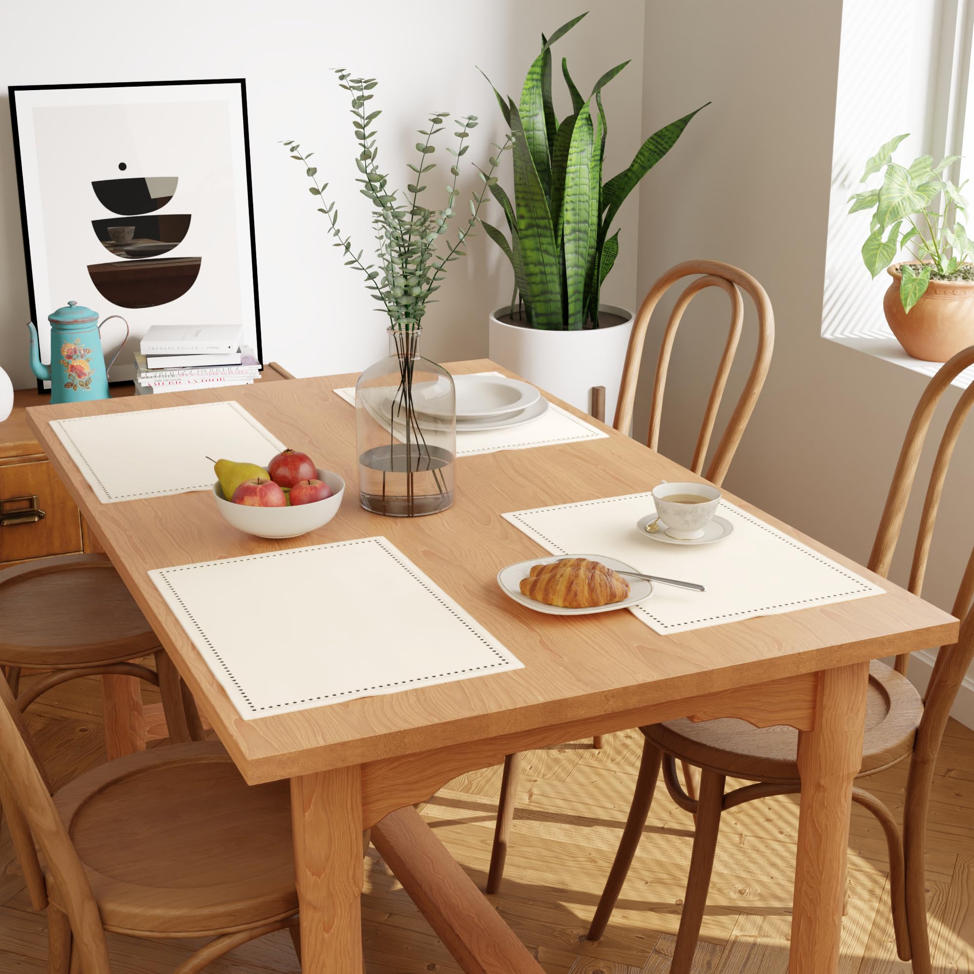 Encasa Homes 100% Pure Cotton Hemstitched Dining Table Placemats Of Size 19 X 13 Inch (Rectangular) - Natural - Set Of 4 | Perfe