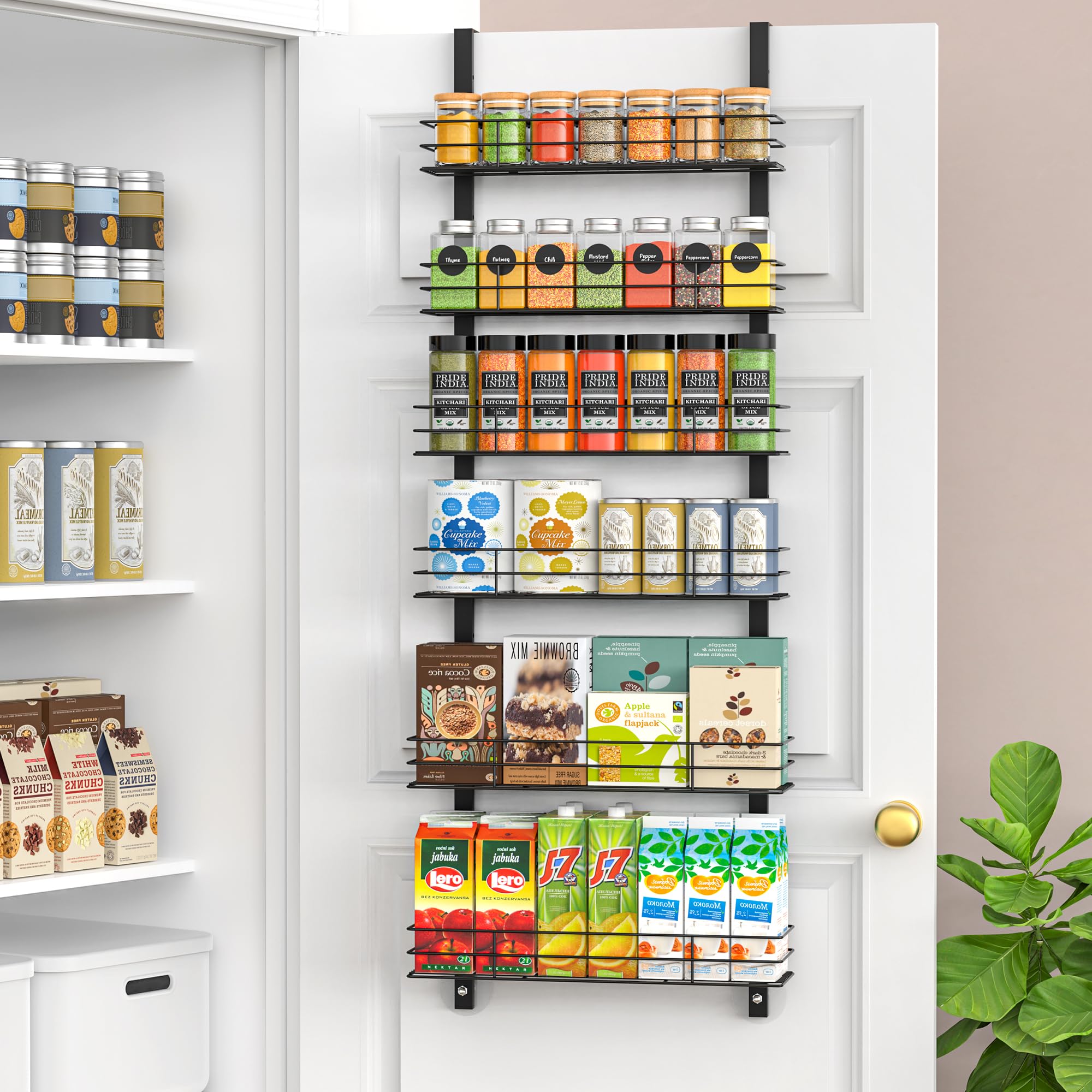 Oneahead Design 6Tier Over The Door Spice Rack, LargeCapacity Adjustable Hanging Pantry Organizer 3 Size Baskets, NoSway NoD