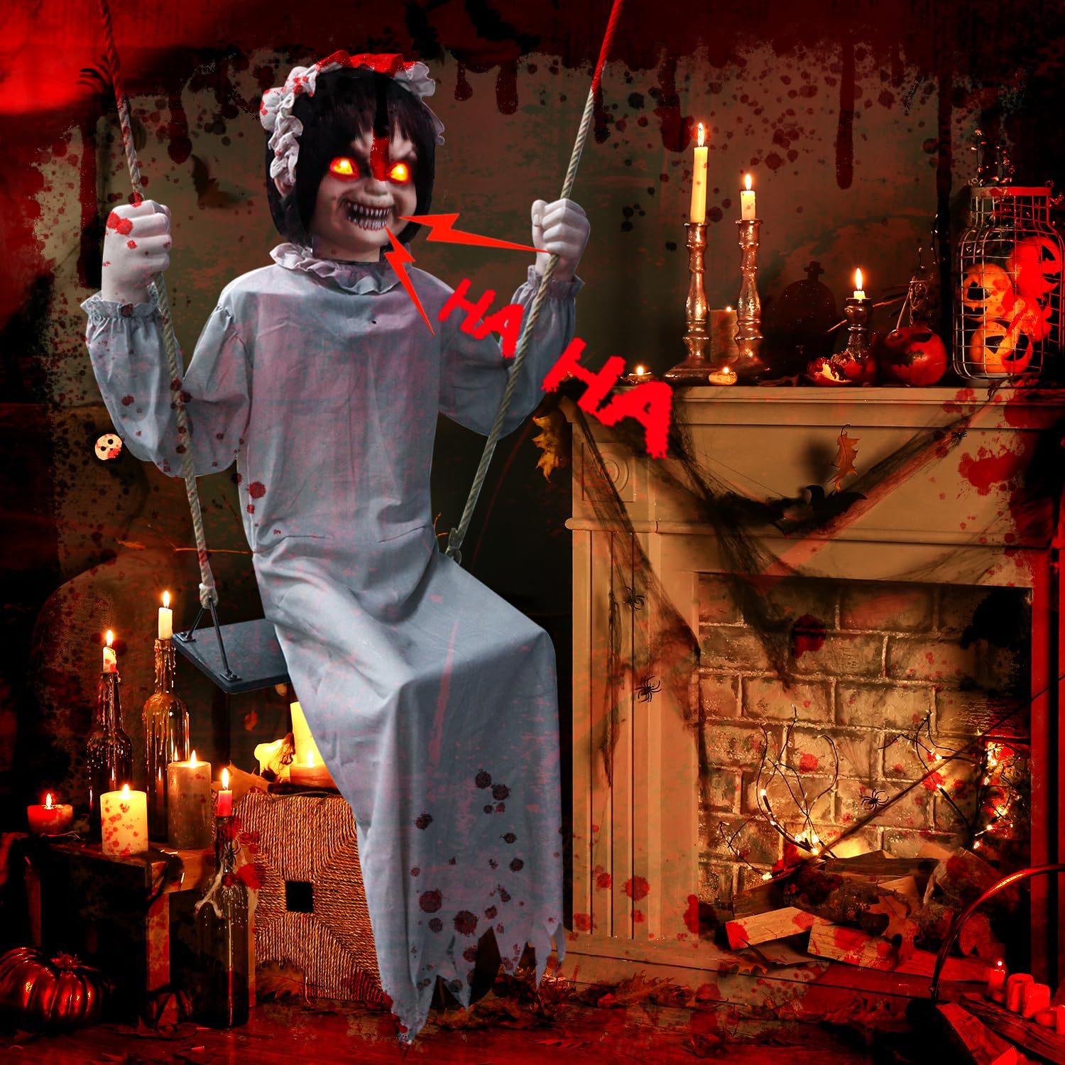 LarpGears Lifesize Swing Girl Halloween Animatronics Decorations - Creepy Twin-Face Motion/Sound Activated Hanging Prop Decor wi