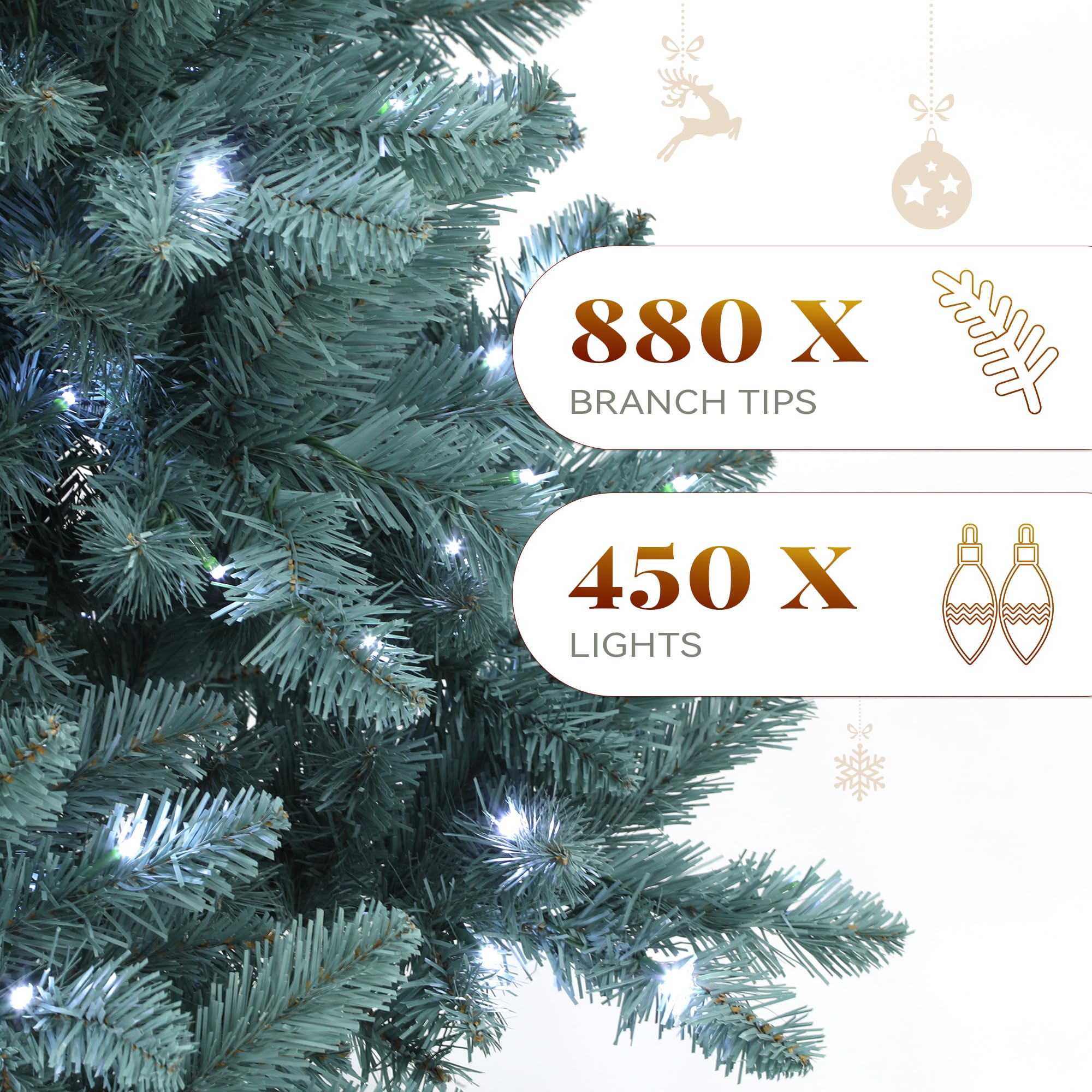 YITAHOME Prelit Blue Spruce Christmas Tree, 6 FT Pre-Lit Artificial Hinged Christmas Tree with 880 Tips and 450 Cold-White Light