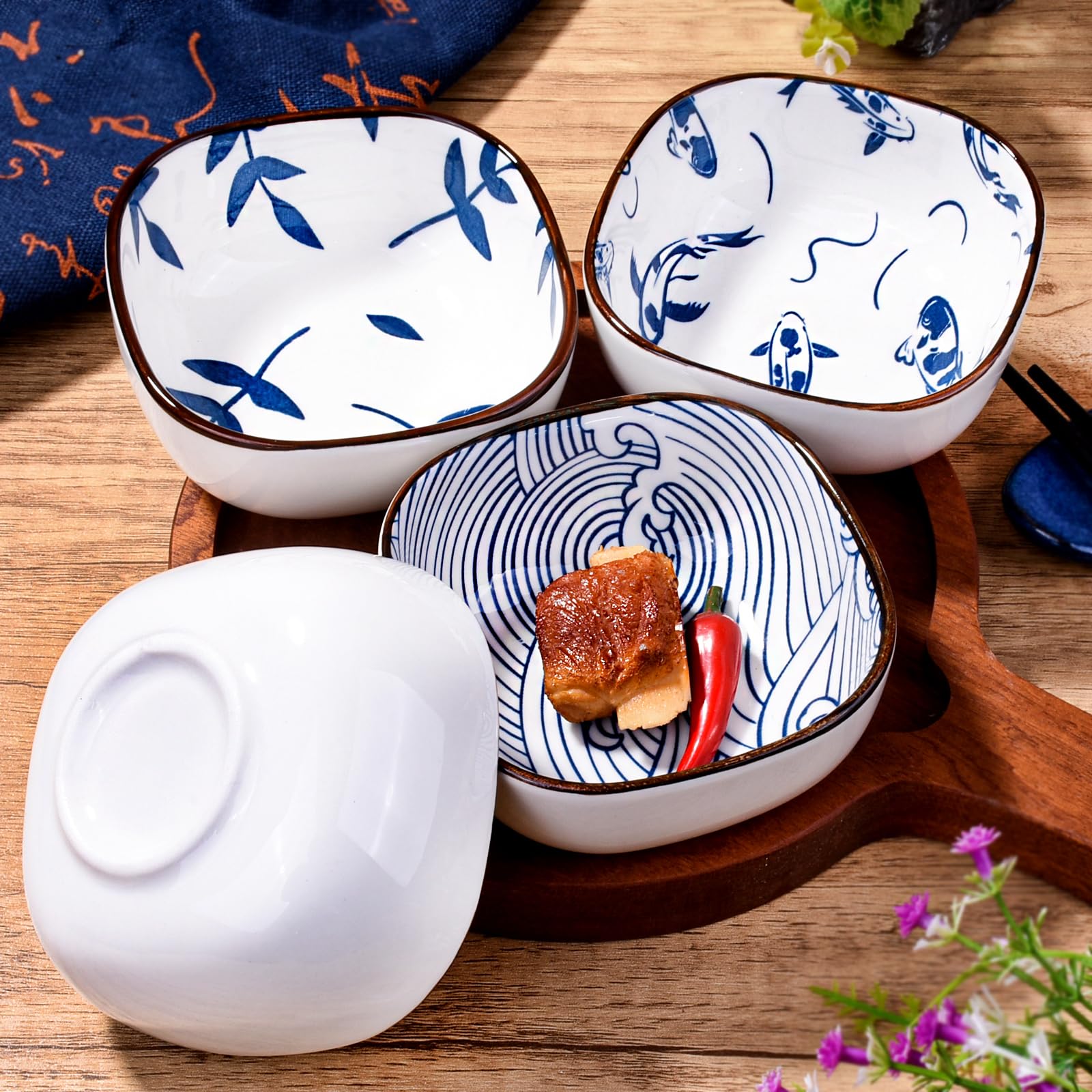 Cerficer Japanese Style Ceramic Dipping Bowls, Side Dishes For Sushi,Sauce,Snack And Soy,Blue And White Pinch Bowls For Kitchen