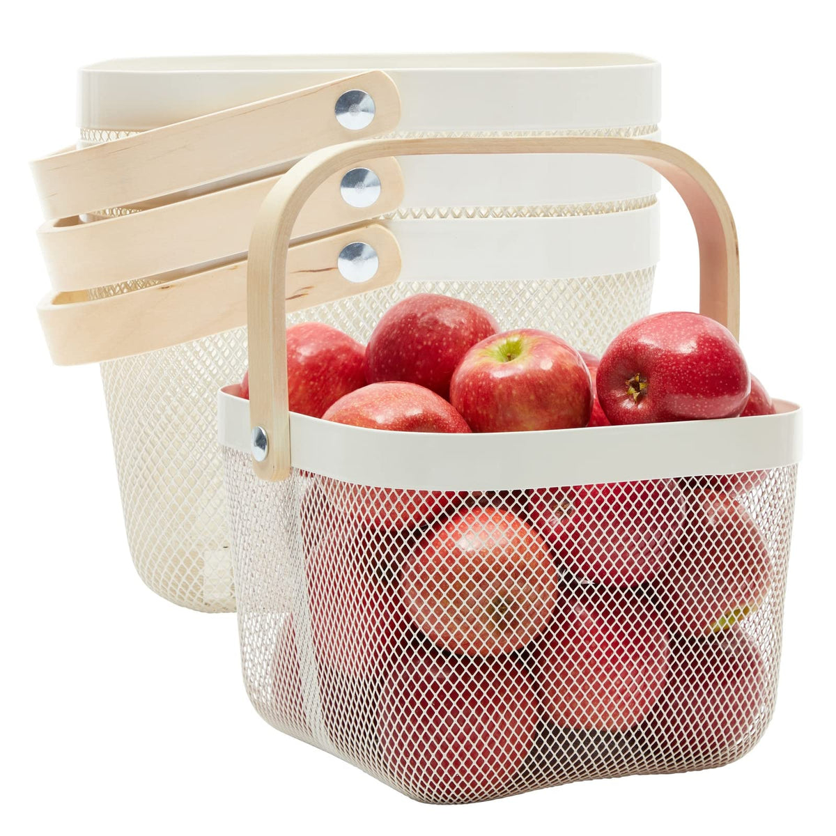 Juvale 4 Pack Square Metal Mesh Fruit Basket With Wooden Handle For Kitchen, Pantry Storage And Organization (9.5 X 7 In, White)