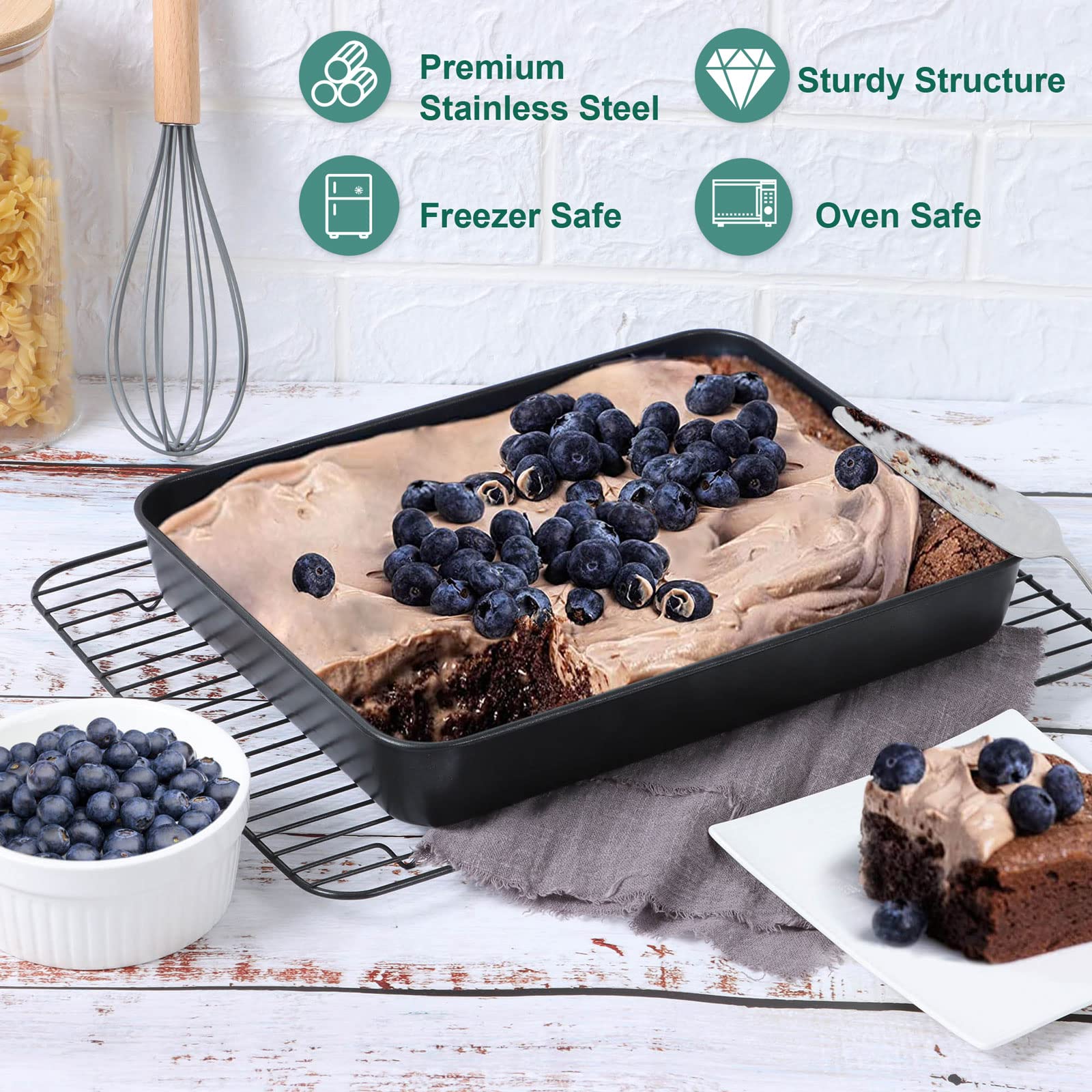 Lianyu Baking Pan With Lid, 12? X 9 X 2 Inch Stainless Steel Square Rectangle Cake Pan, Black Nonstick Roasting Lasagna Pan For