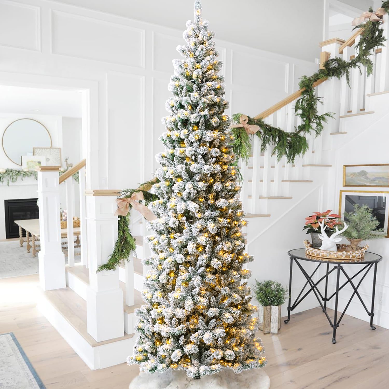 Glitzhome 11ft Prelit Artificial Christmas Tree, Flocked Pencil Christmas Tree with 700 Warm White/Multi-Color Lights, Remote Co