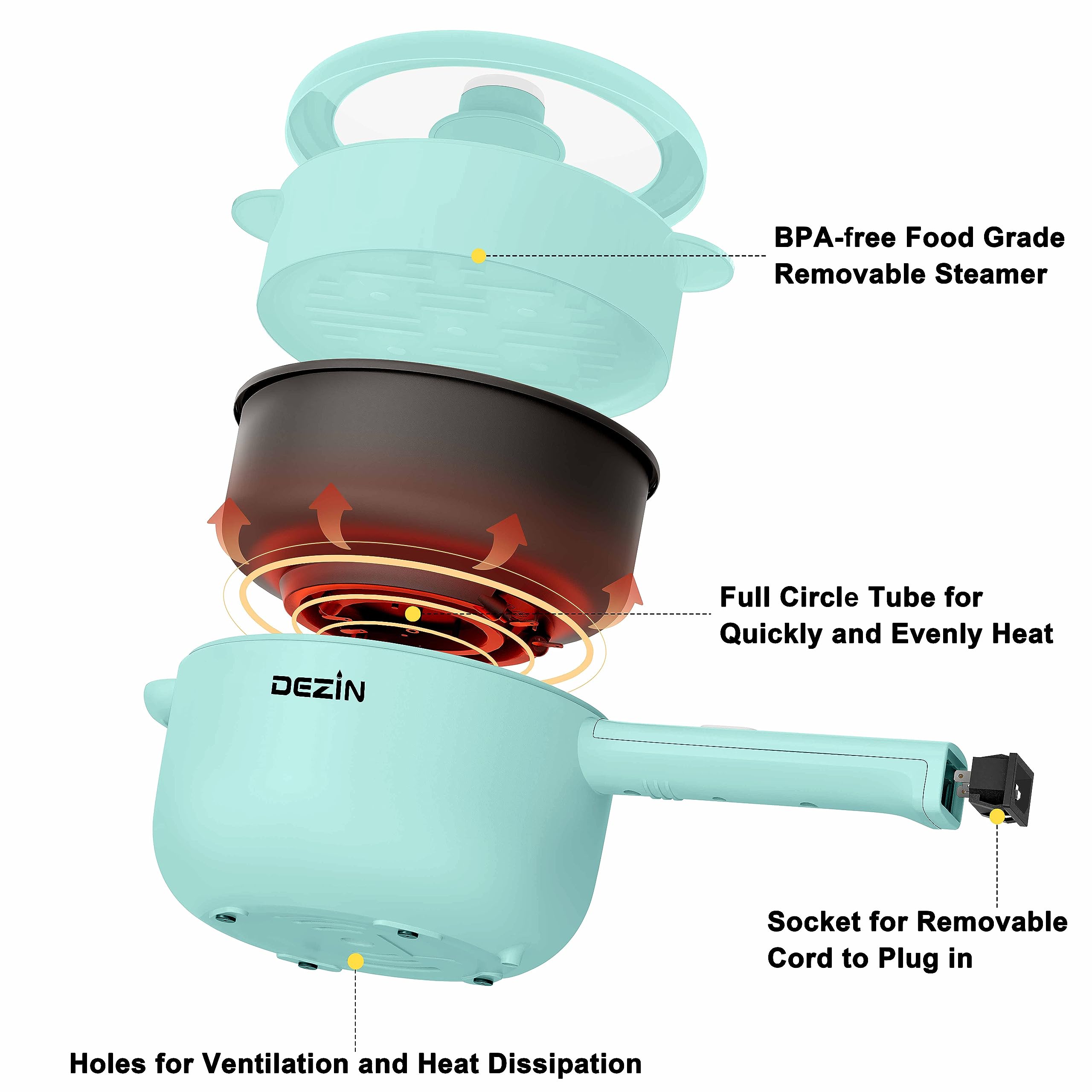Dezin Hot Pot Electric With Steamer Upgraded, Non-Stick Saut   Pan, Rapid Noodles Electric Pot, 2L Mini Portable Hot Pot For Ste