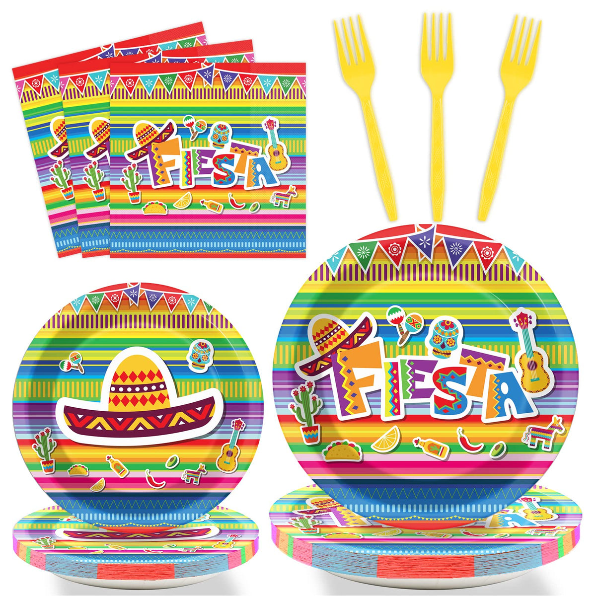 96 Pieces Fiesta Party Decorations Mexican Plates Tableware Set For Cinco De Mayo Party Decorations Supplies Mexican Themed Pape
