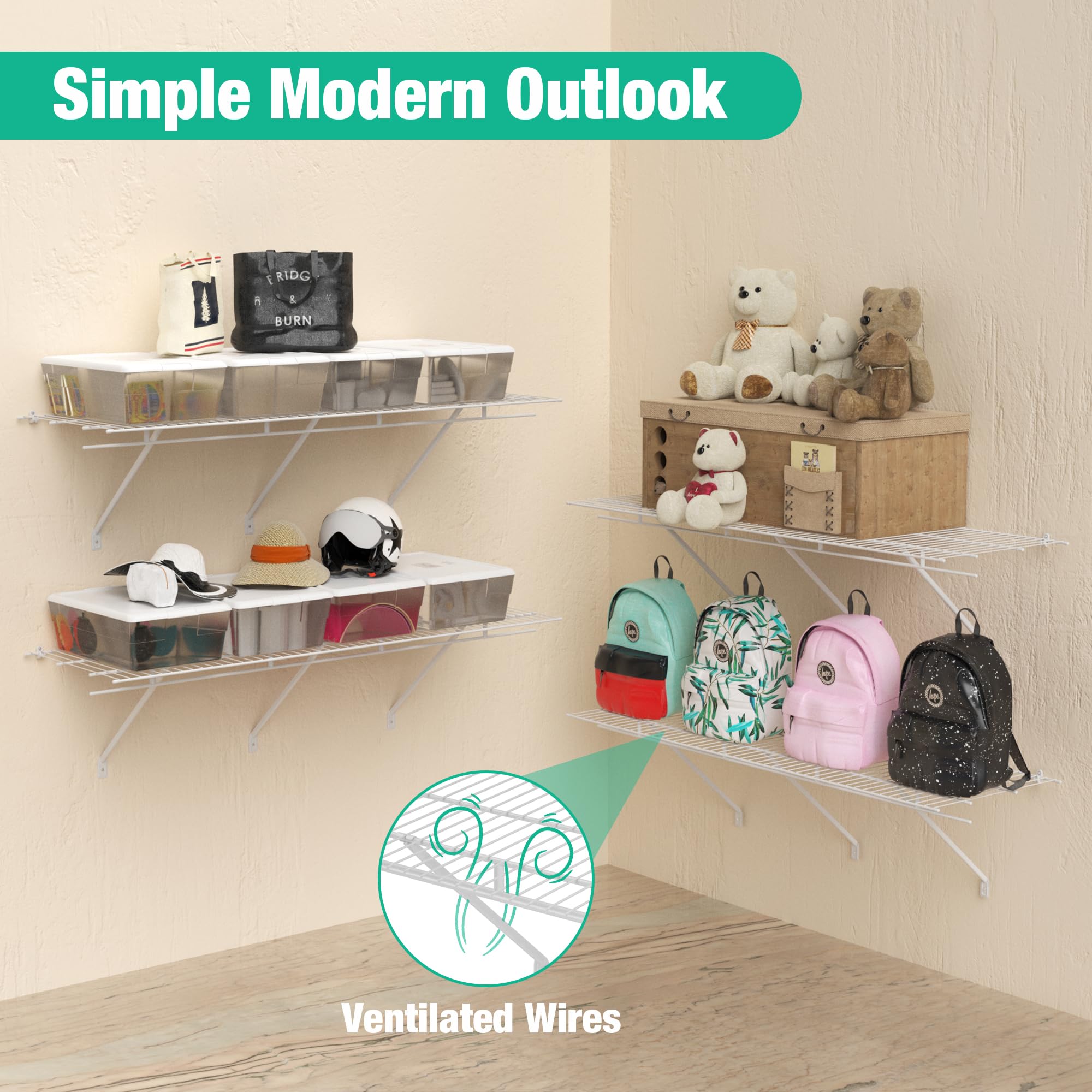Haushof Closet Shelves 4Ft X 16In Wall Mounted 2-Pack, White Metal Wire Shelving For Laundry Room, Closet, Basement Organization