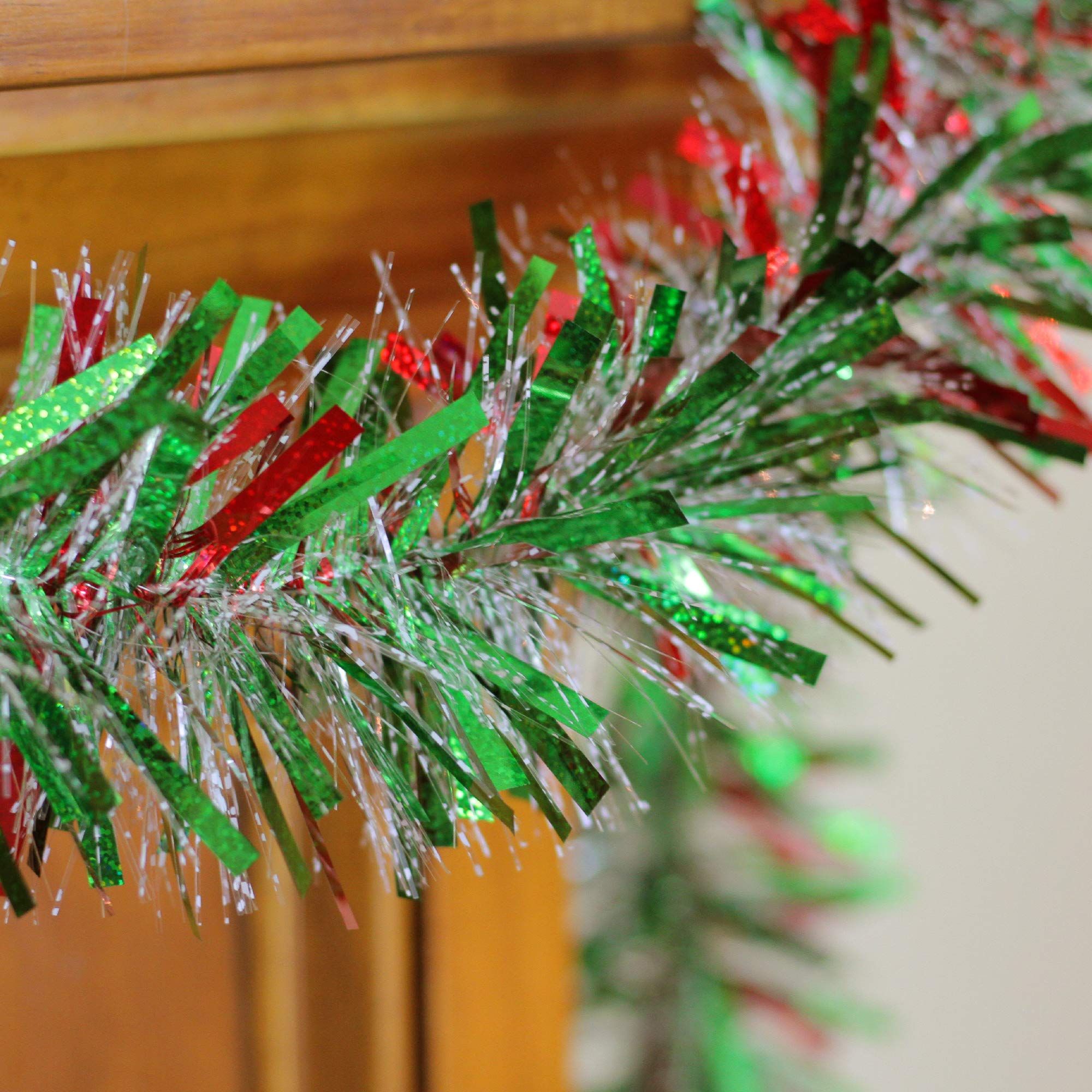 Wide Cut Tinsel Christmas Garland - 12' x 4 - Gold, Red and Green - Unlit