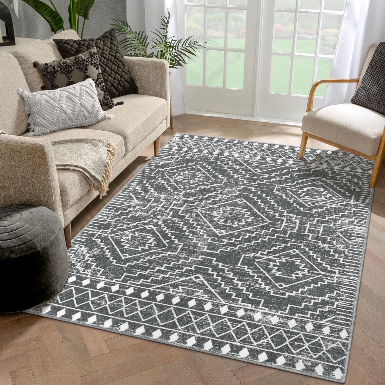 Wonnitar Moroccan 5x7 Washable Rug, Large Grey Area Rug for Living Room, Non-Slip Boho Bedroom Carpet Thin Soft Non-Shedding Far