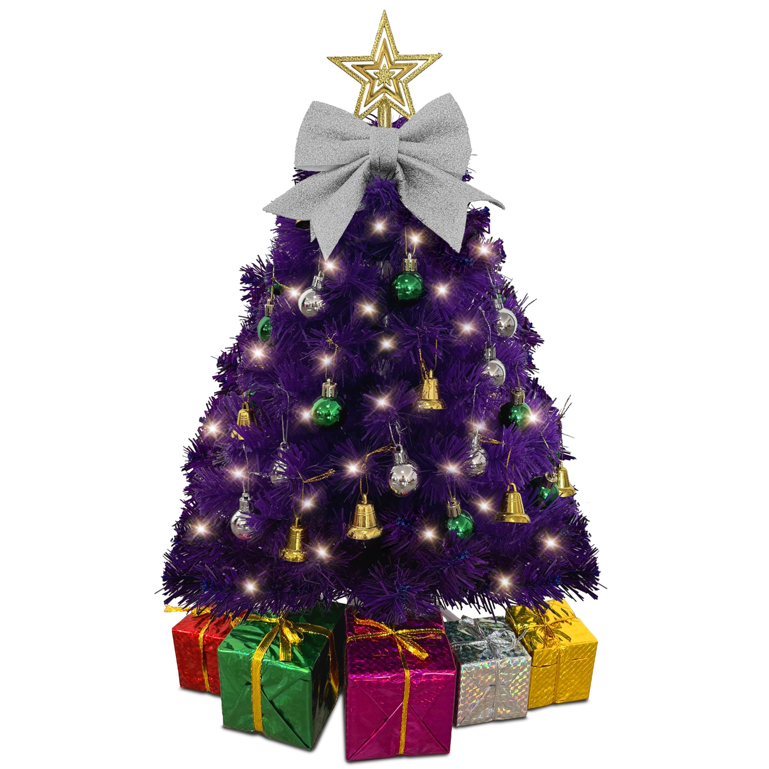 Small Purple Christmas Tree with Lights - 23 Inch Mini Tabletop Christmas Tree with Warm-White LED Lights, Hanging Ornaments, De