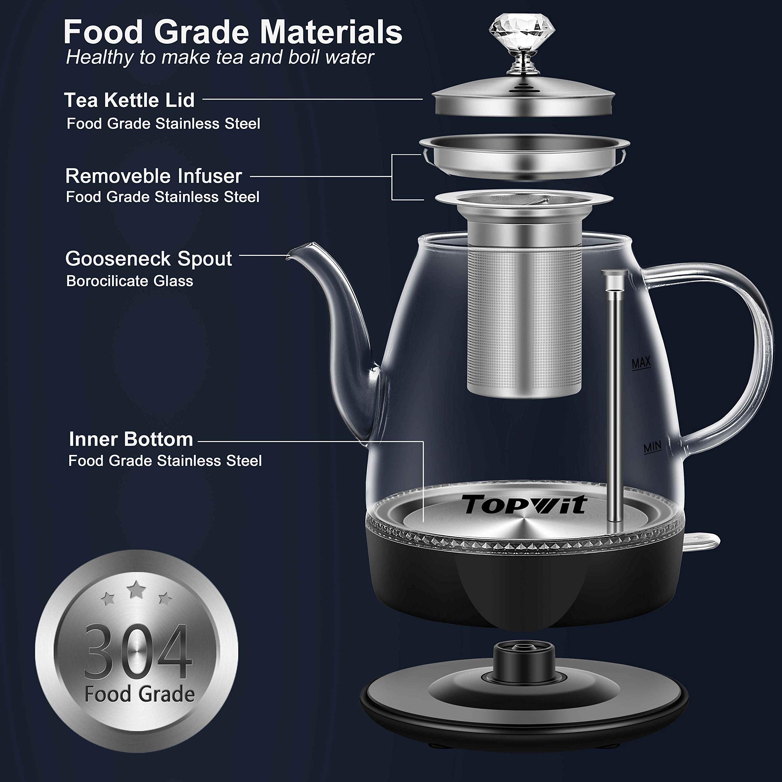 Topwit Electric Kettle Glass  For Hot Water  Tea and Coffee Dual Purpose Design  BPA-Free  1L Pour Over Removable Stainless Steel Infuser  Auto-shut Off & Boil-dry Protect