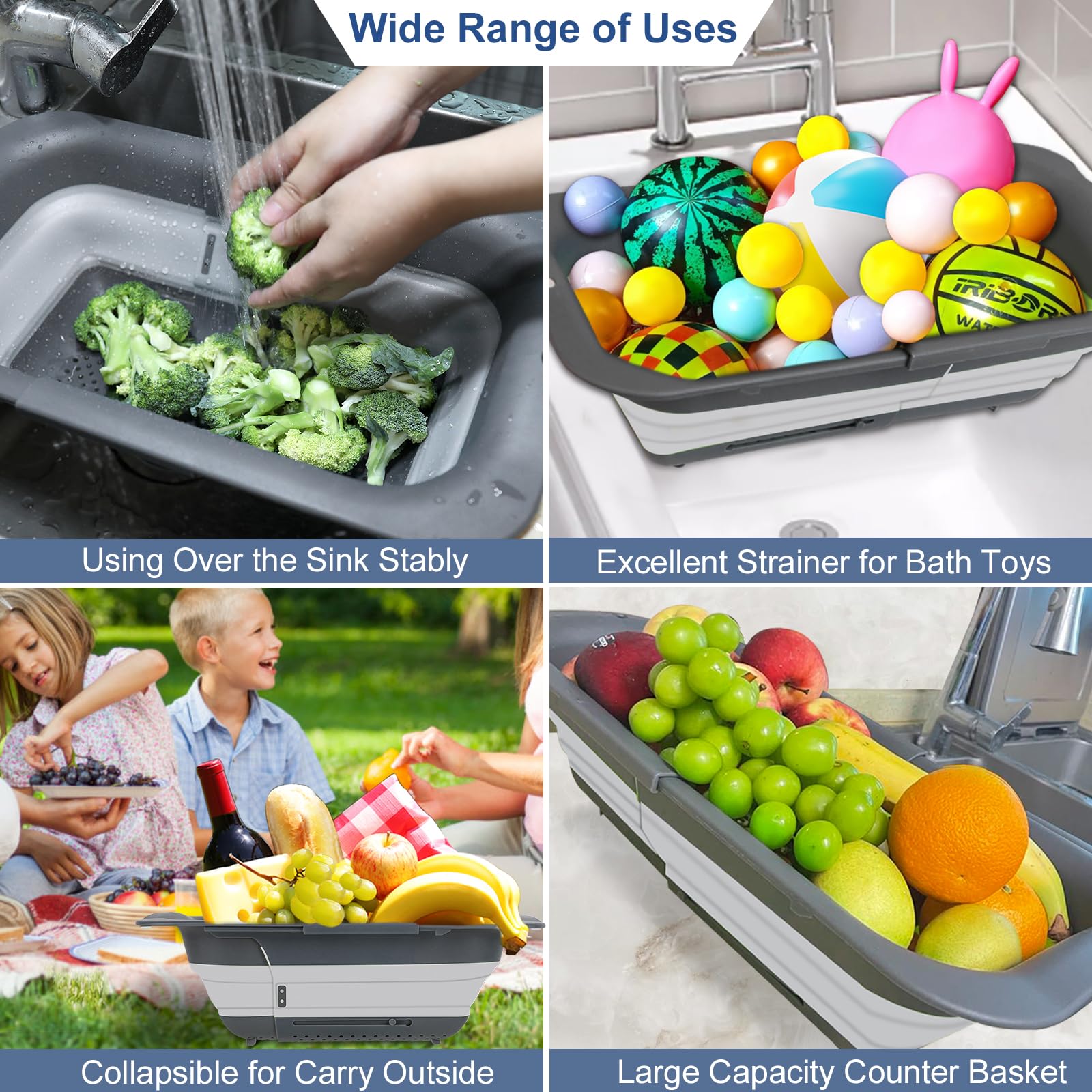 Rottogoon Collapsible Colander Strainer, Expandable Over The Sink Colander For Kitchen, Adjustable Silicone Sink Strainer, Folda