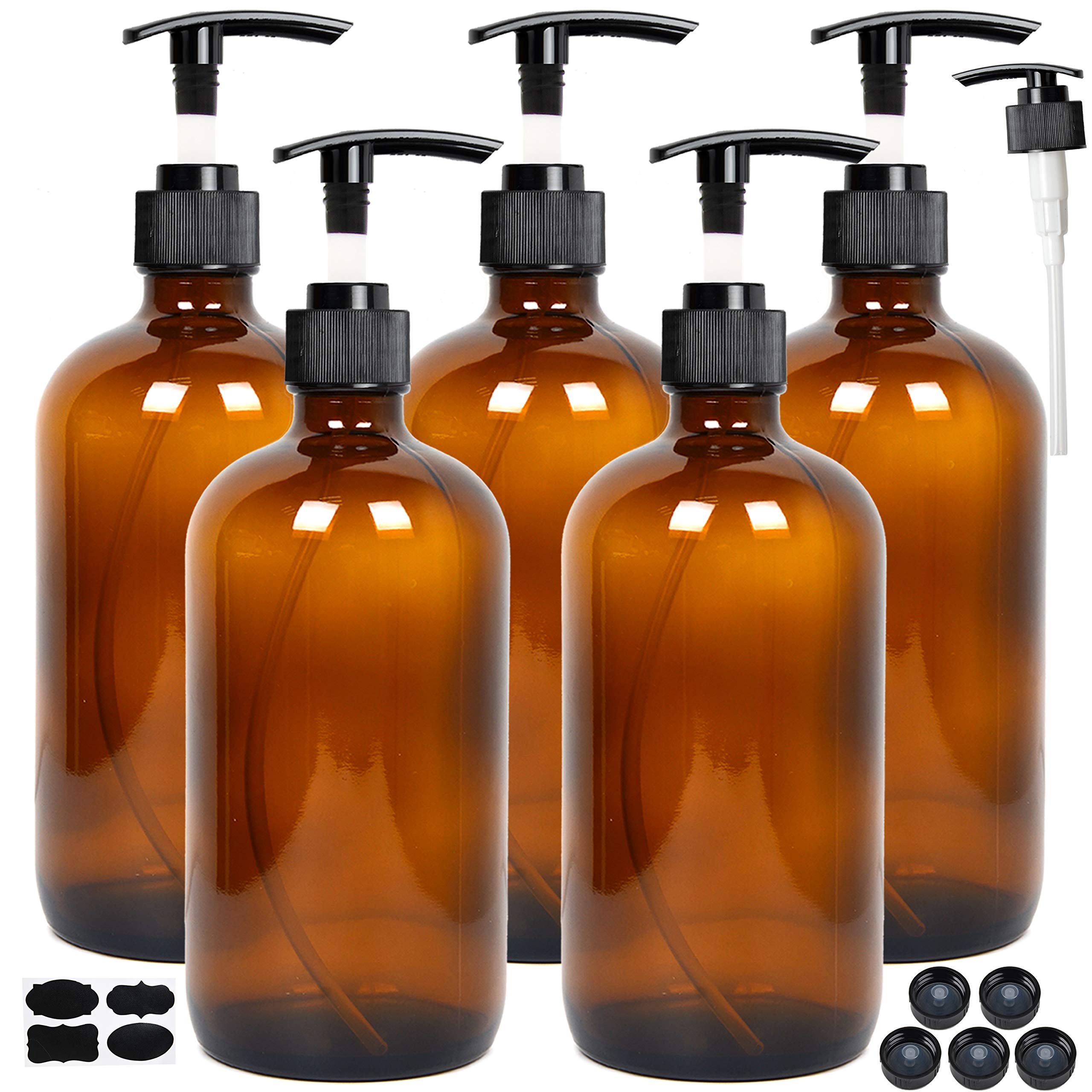 Youngever 5 Pack Empty Amber Glass Pump Bottles, 8 Ounce Lotion Pump Bottles, Soap Dispenser, Refillable Containers, Durable Bla