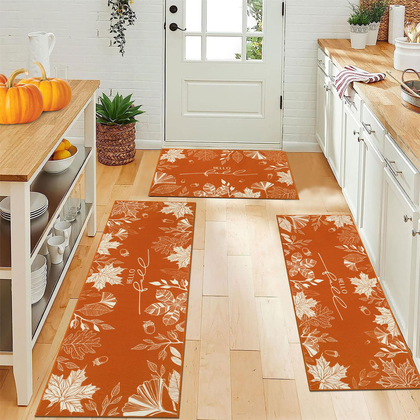 U Artlines Fall Leaves Kitchen Rugs with Runner Sets 3 Piece Farmhouse Seasonal Harvest Holiday Party Rugs and Mats Non Skid Wa