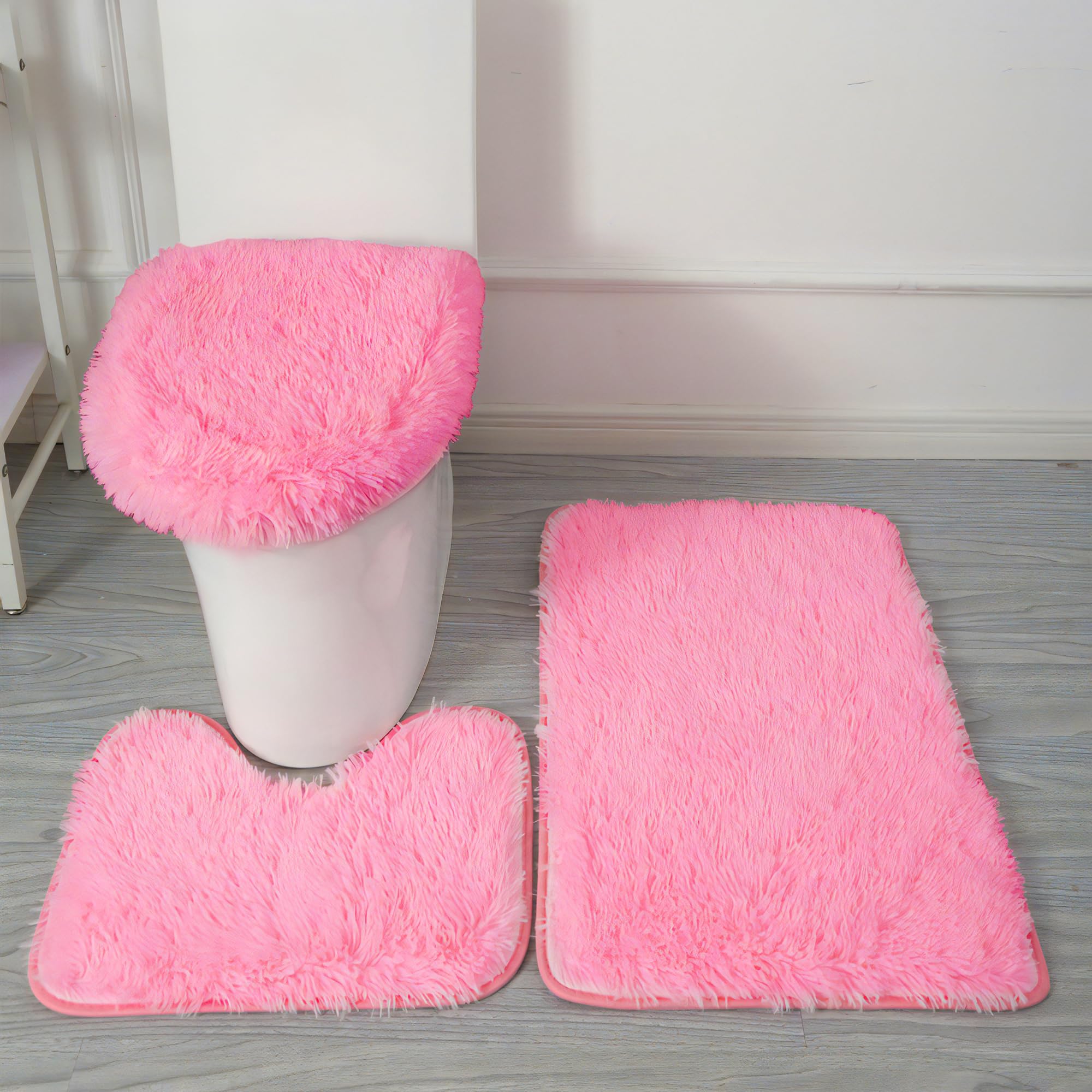 Eanpet Shaggy Bathroom Rugs Sets 3Piece Pink Bath Mat For Bathroom Non-Slip Bathroom Mats Water Absorbent Bath Rug Floor Mats So