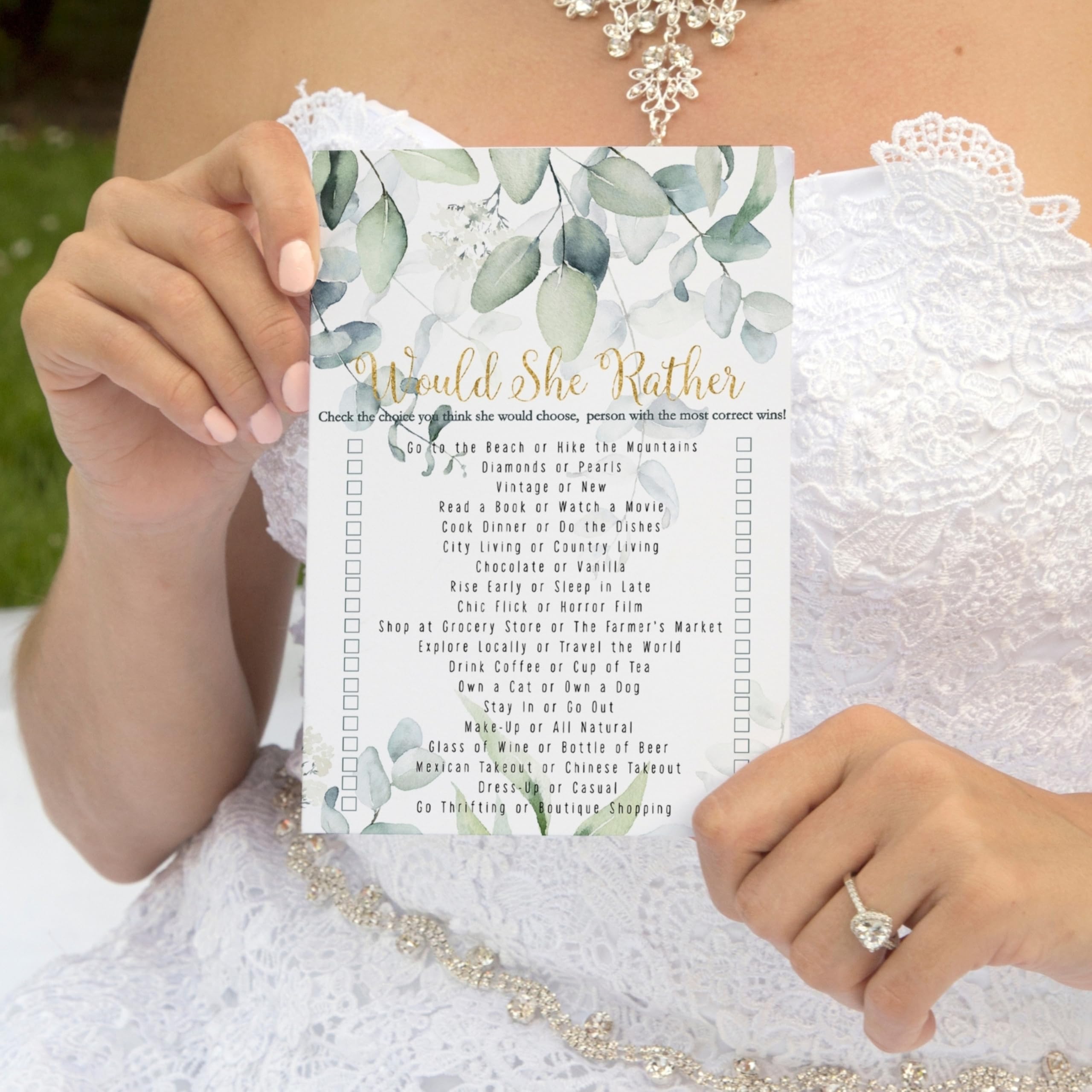 Greenery Bridal Shower Games - 25 Cards - Who Knows The Bride Best & Would She Rather - Rustic Botanical Designs For Wedding Rec