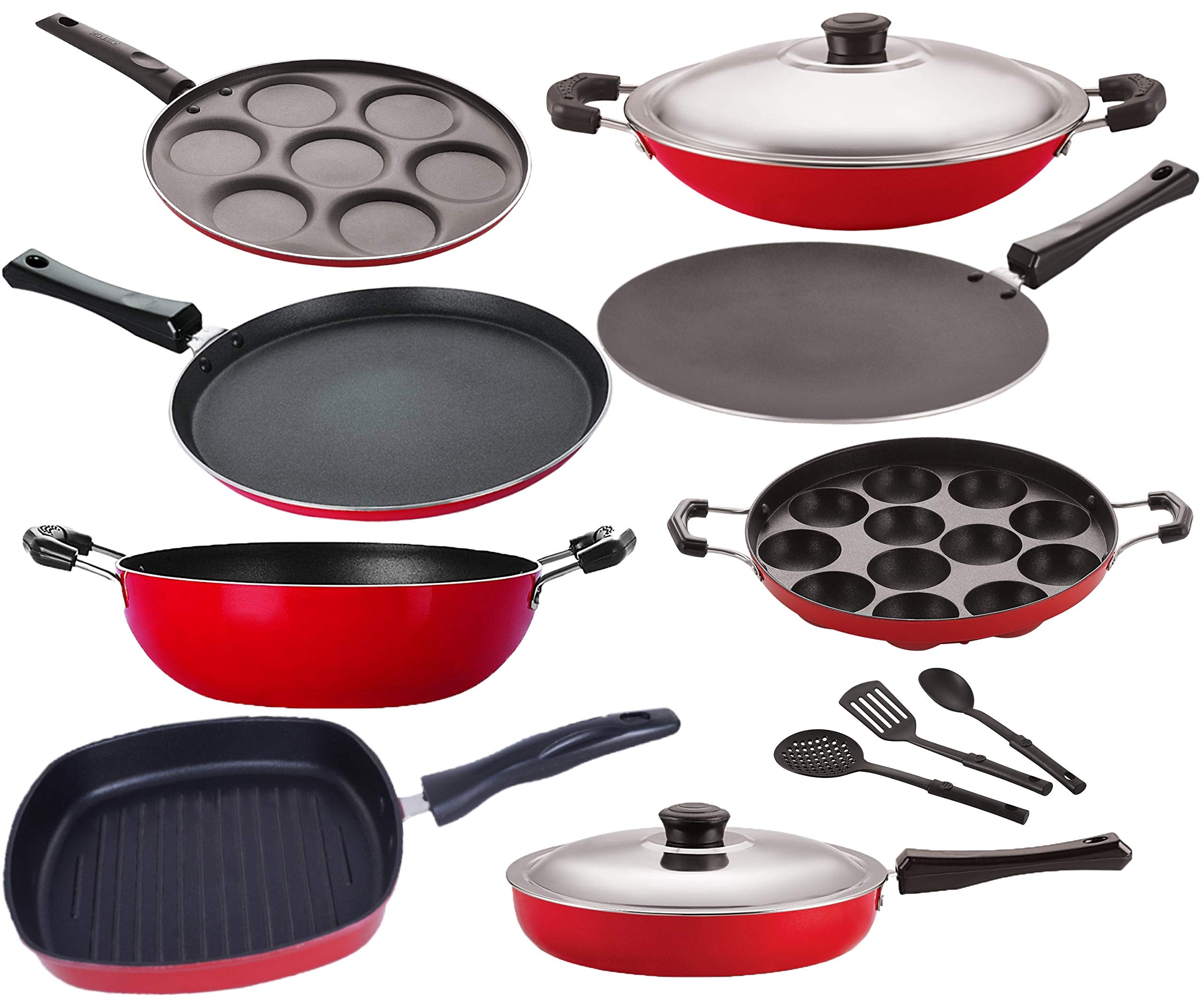 Nirlon 3 Layer Coated Non Stick Aluminium Pots And Pans Cooking Item Gift Set Of11 Pieces (Ft12_Ct12_Fp12_Kd13_Ac_Ap12_Up7_Gp22_