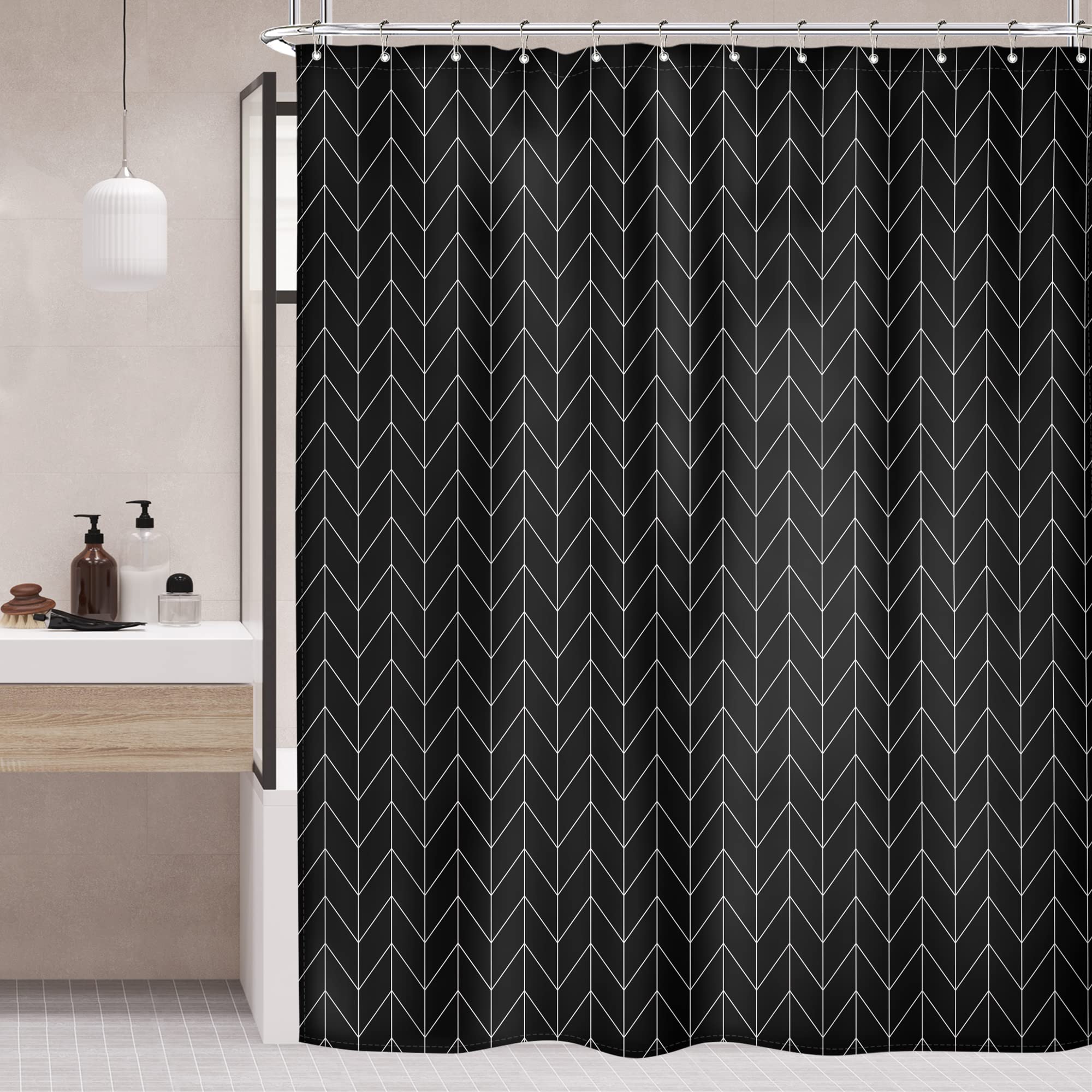 Riyidecor Herringbone Chevron Shower Curtain Extra Long 72x84 Inch Black Geometric Striped Modern Fashion Panel Decor Fabric Bathroom Set Polyester Waterproof 12 Pack Hooks