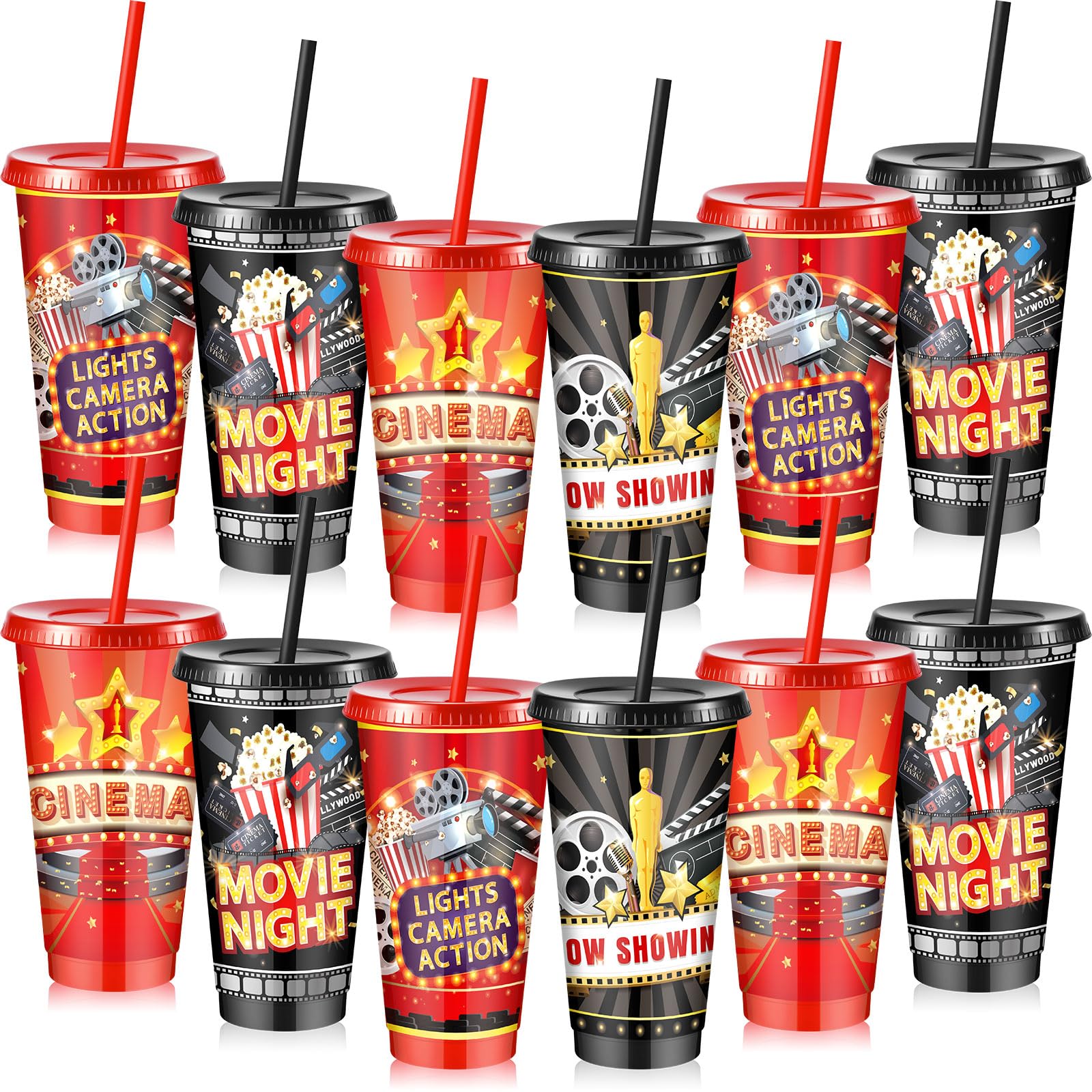 Uiifan 12 Pcs Movie Night Cups 24oz Reusable Tumbler with Lid and Straw Movie Party Decorations Birthday Party Favors