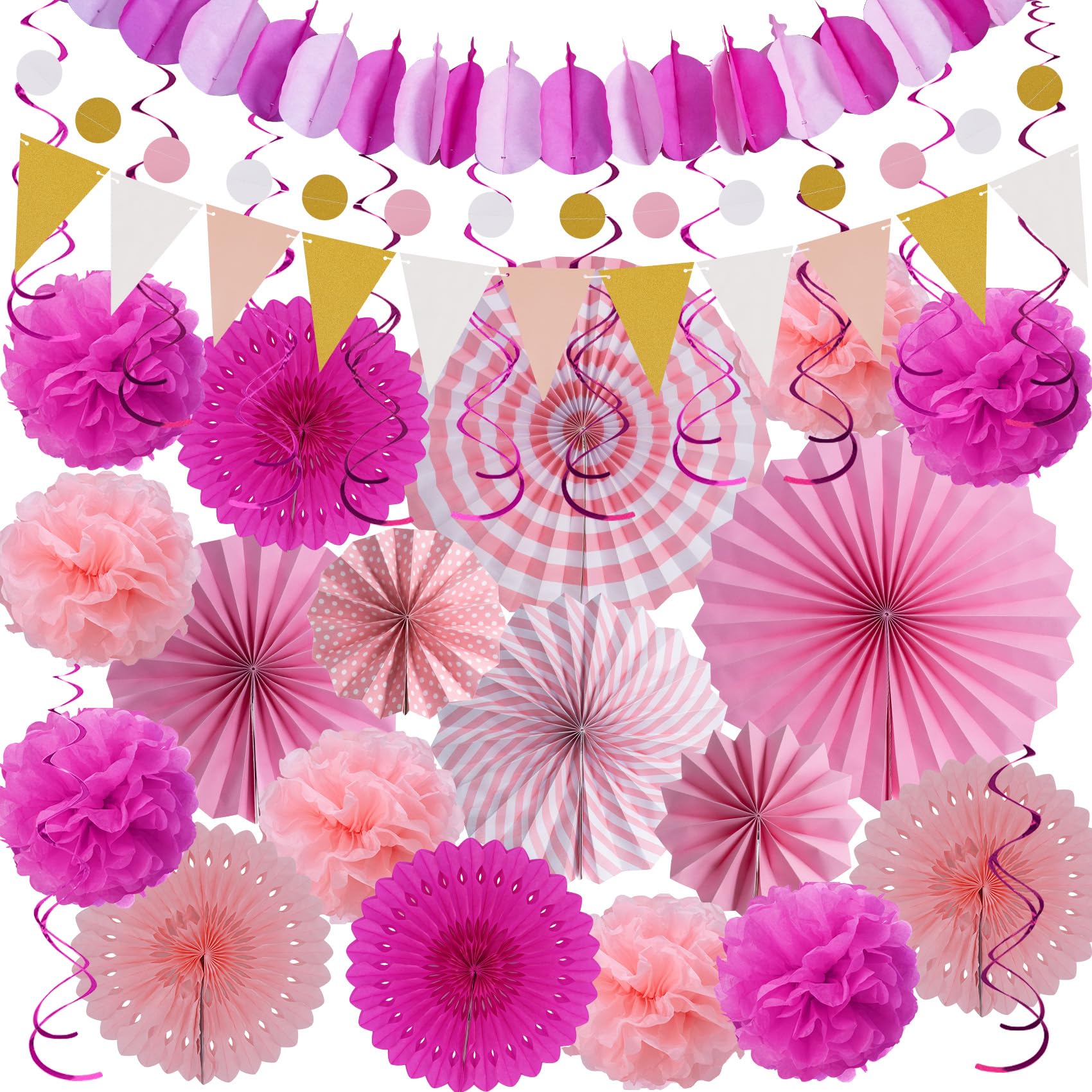Huryfox Pink Party Decorations - 33pcs Hanging Paper Fans, Rainbow Paper Pom Poms, Fiesta Bunting and Tissue Streamers for Birth