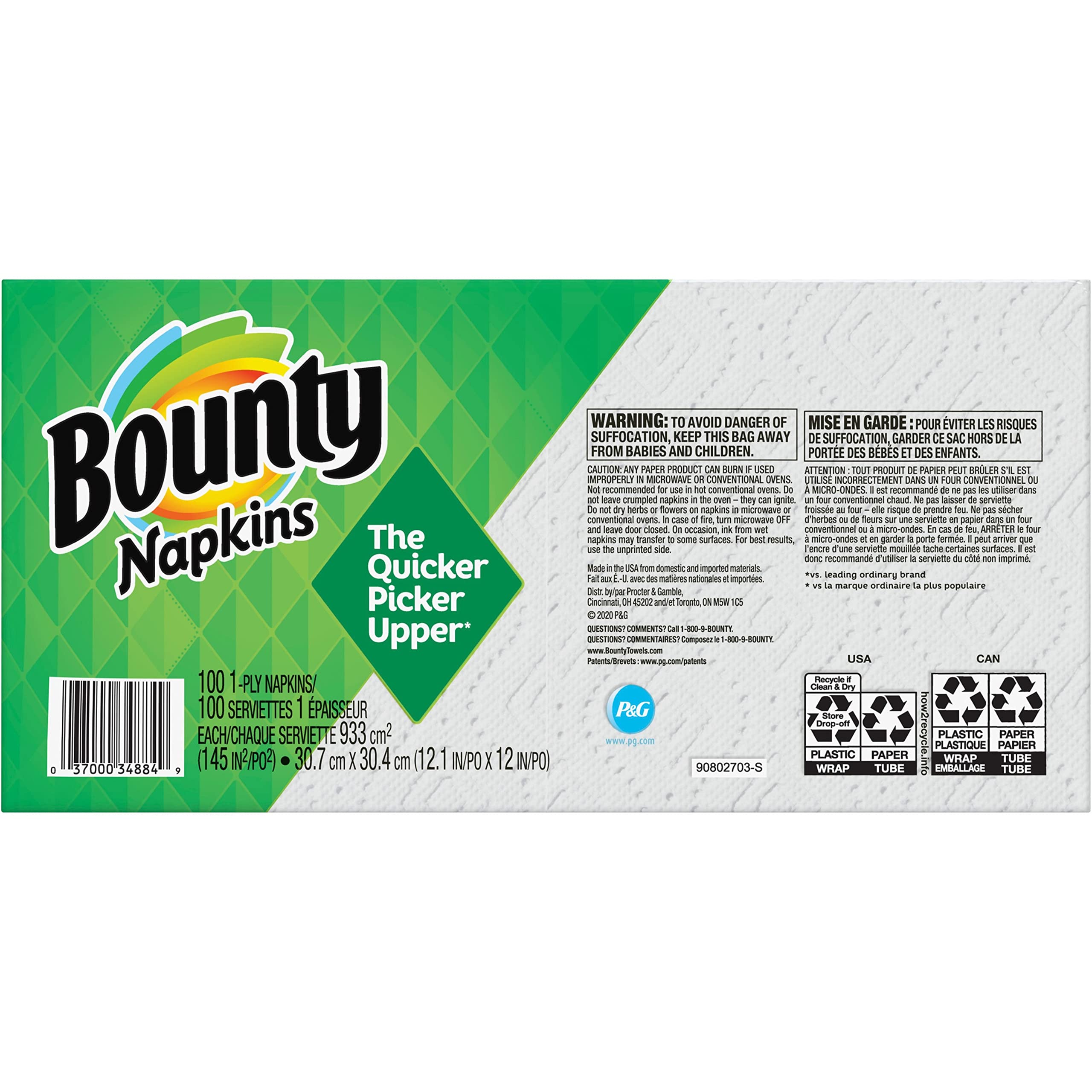 Bounty Quilted Napkins, 1-Ply, 12.1In X 12In, 100/Pk, White