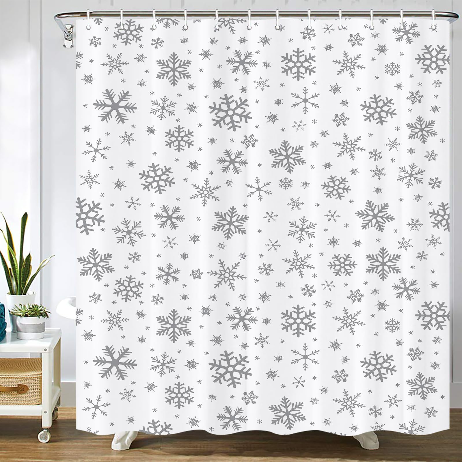 Spxubz Grey Snowflake Shower Curtain Christmas Winter Holiday Shower Curtains White Waterproof Bathroom Decor Polyester Fabric C