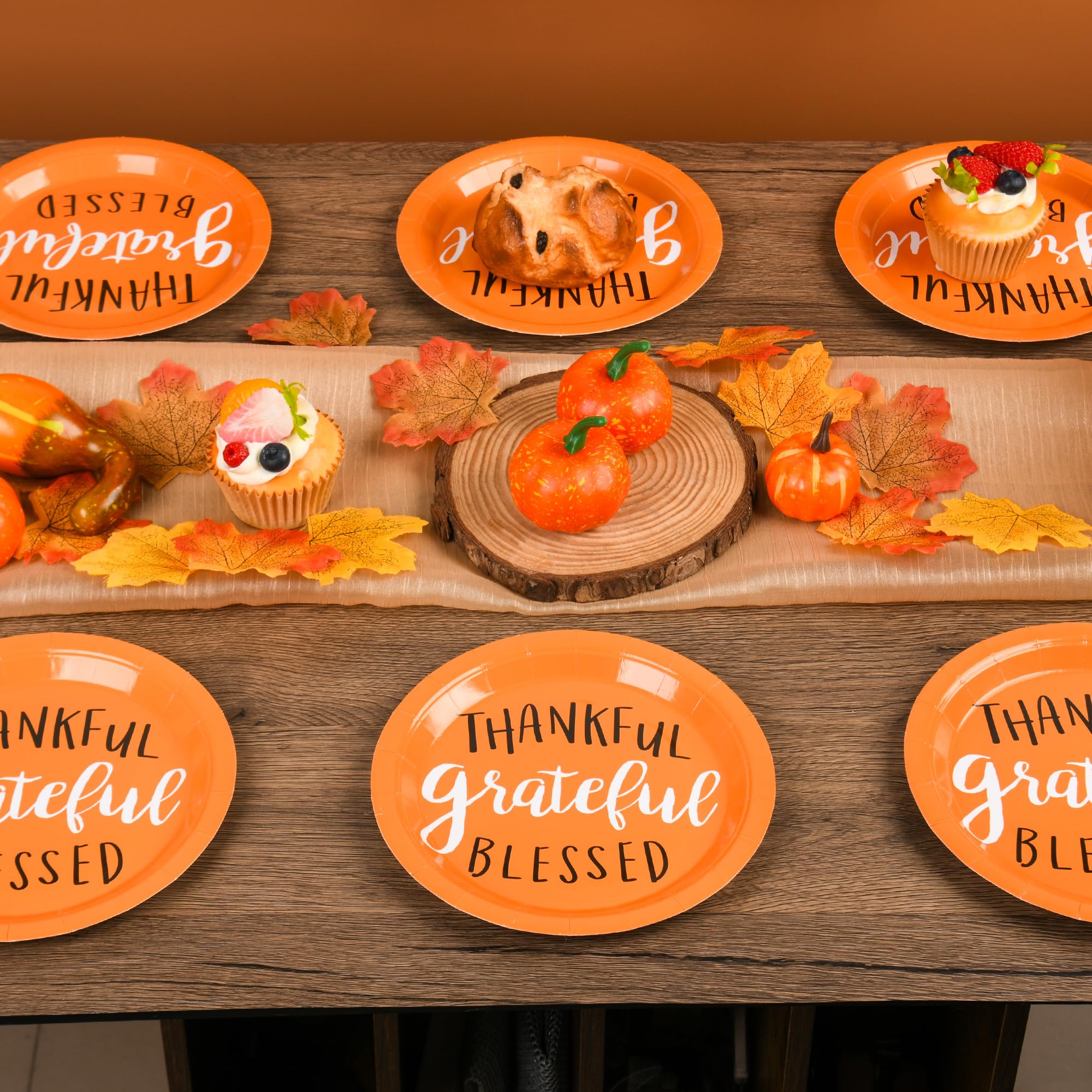 AllReal 24Pcs Thankful Grateful Blessed Paper Plates Fall Thanksgiving Disposable 7 Orange Dessert Plate for Harvest Autumn Part
