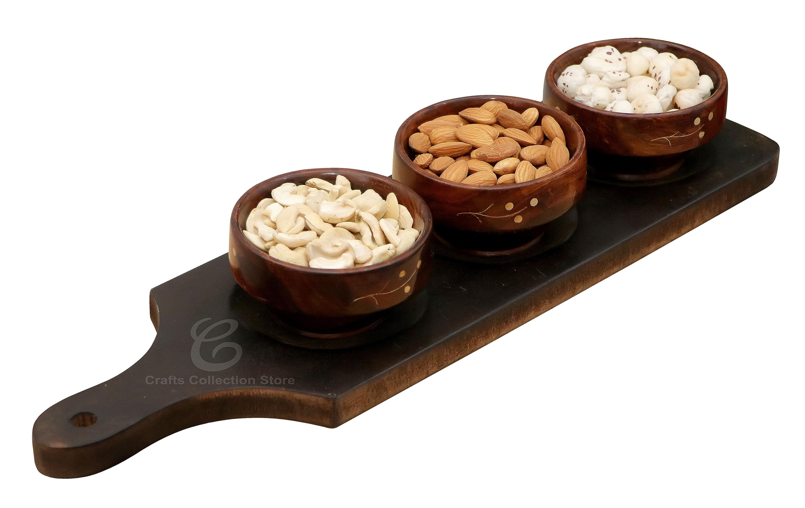 Craftscollectionstore Wooden Mdf Dry Fruit Serving Tray Black Antique With 3 Wooden Bowls For Namkeen Snacks Biscuit