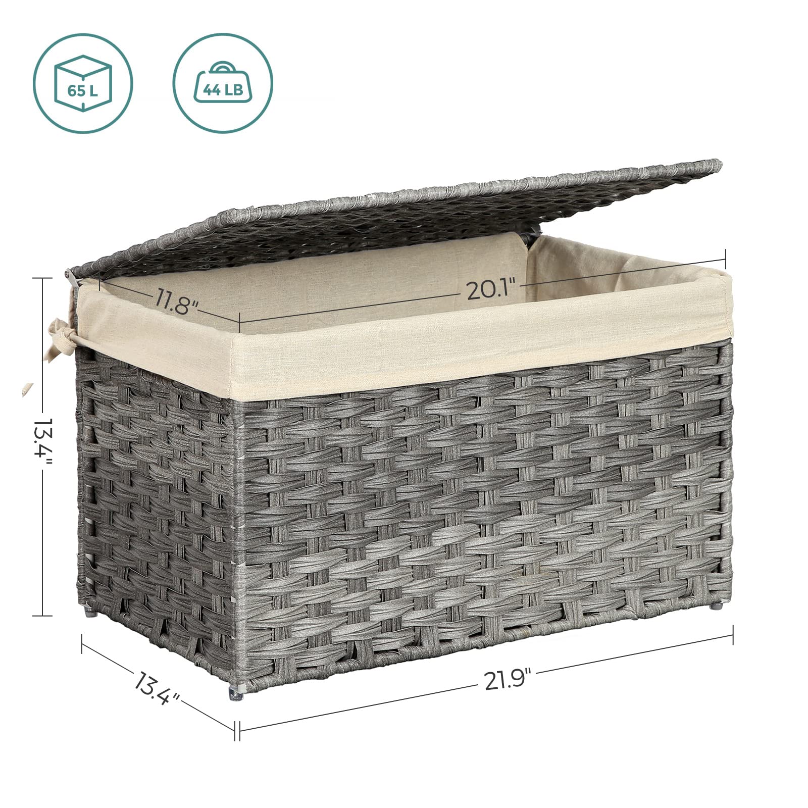SONGMICS Storage Basket with Lid  Rattan-Style Storage Trunk with Cotton Liner and Handles  for Bedroom Closet Laundry Room  21.9 x 13.4 x 13.4 Inches  Gray URST56WG