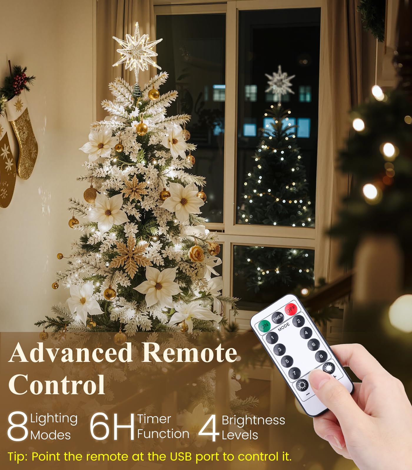 Luxspire Christmas Tree Topper, Lighted Star Tree Topper with USB Plug-in & Remote Control, 9.8 LED Metal Christmas Decorations