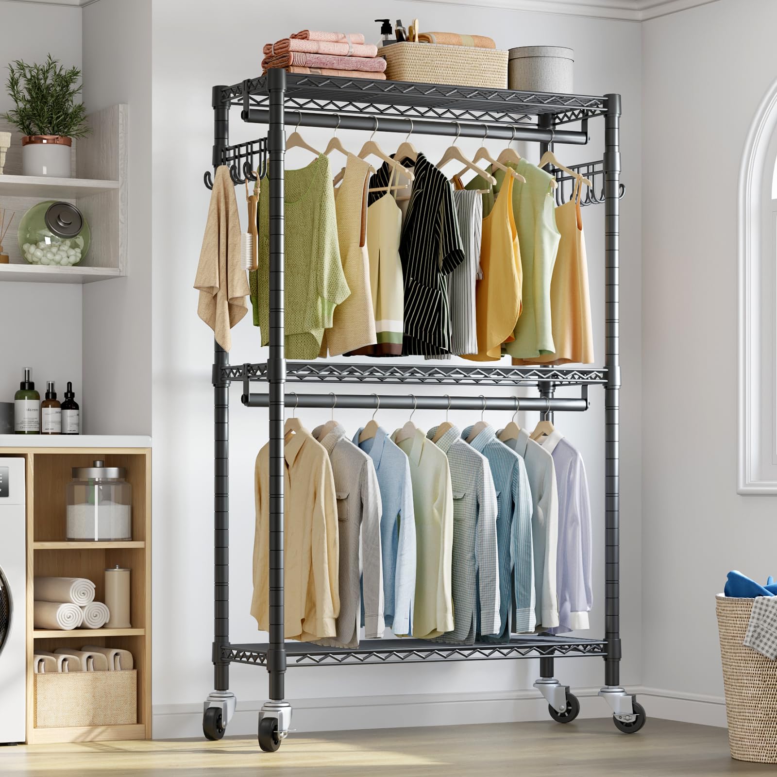 Vipek V12 Medium Heavy Duty Rolling Garment Rack 3 Tiers Adjustable Clothes Rack With Double Rods & Hooks, Freestanding Wardrobe