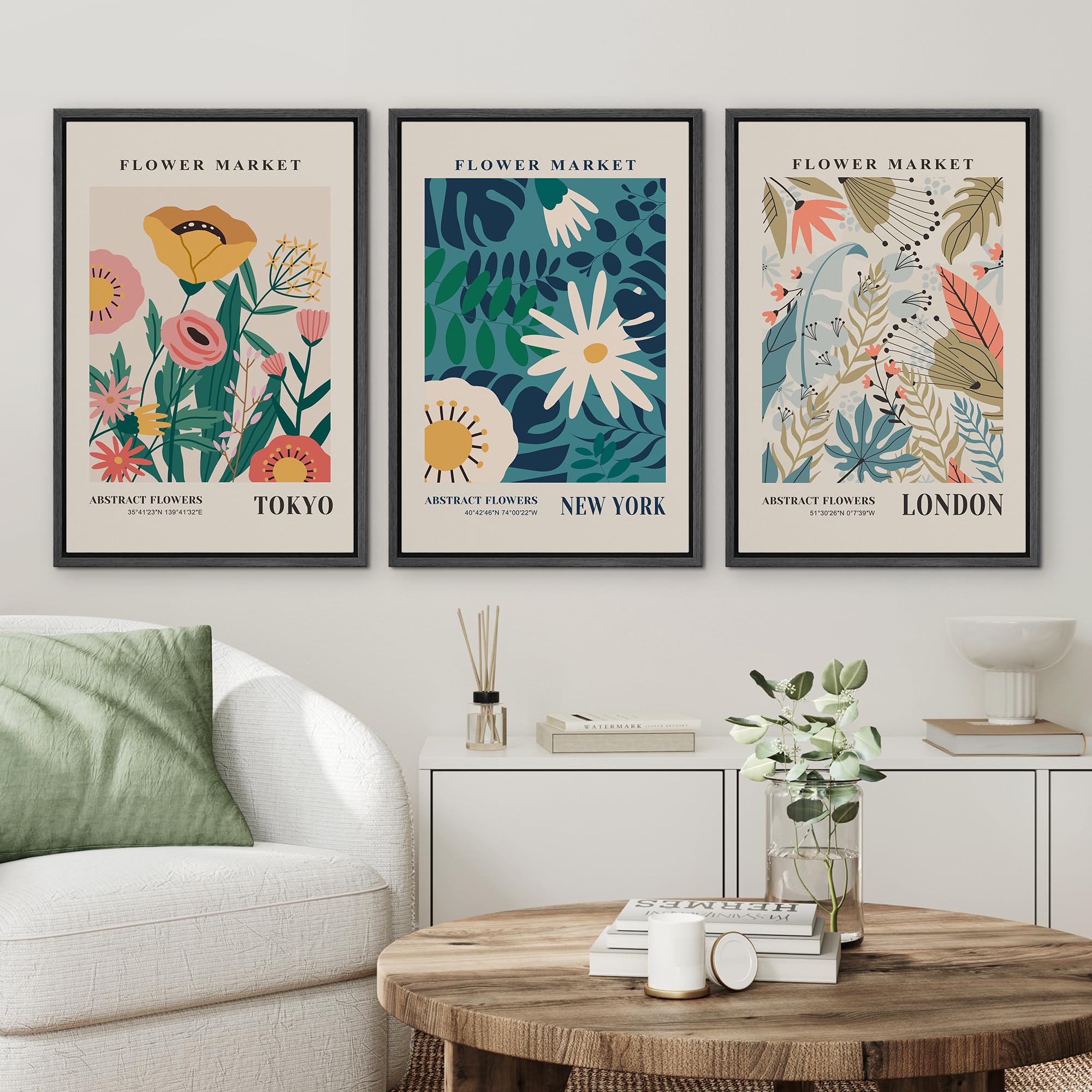 Wall26 Framed Canvas Print Wall Art Set Colorful Flower Market Exhibition Prints Nature Wilderness Illustrations Modern Art Deco