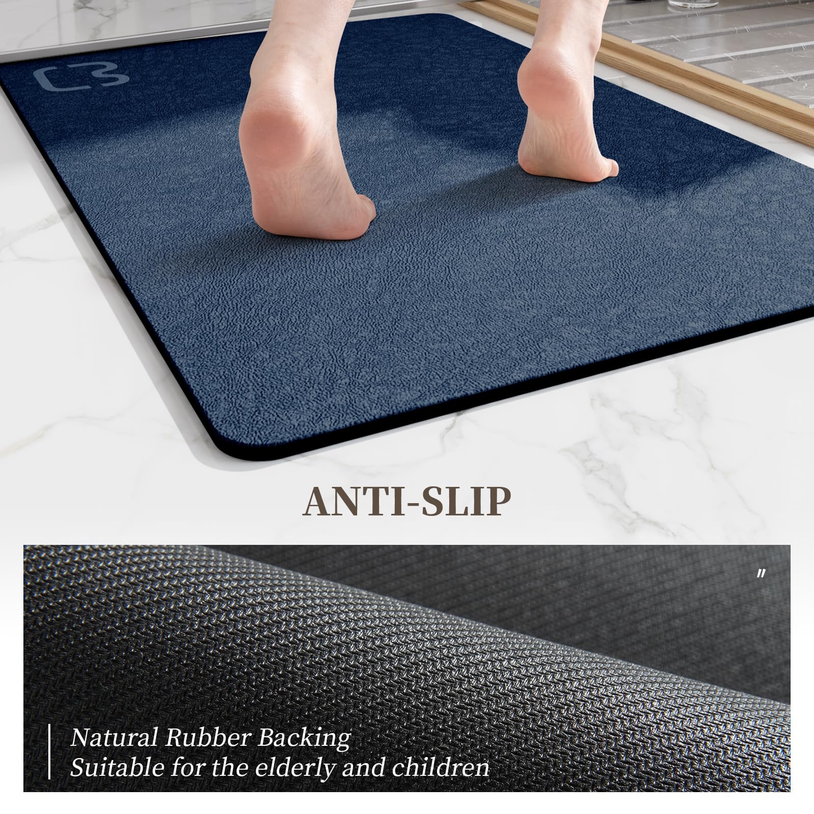 Navy Bathroom Rug Set Bath Mats, 2 Piece Bath Mats For Bathroom Diatomaceous Earth Bath Mat Non Slip Absorbent Quick Dry Thin Ba