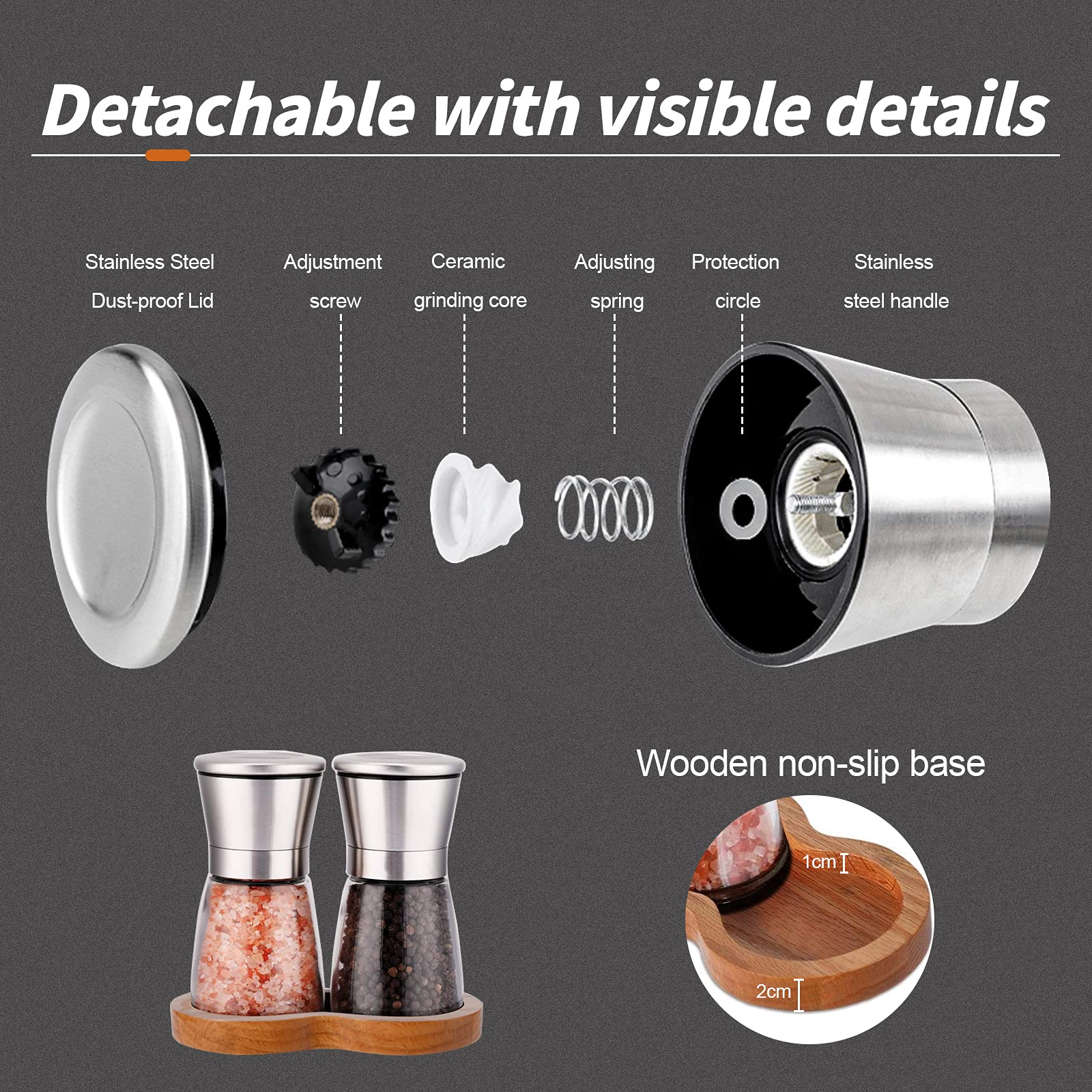 LessMo Salt and Pepper Grinder Set - Brushed Stainless Steel with Wooden Tray - Adjustable Coarseness - Silver - Short Glass Shakers