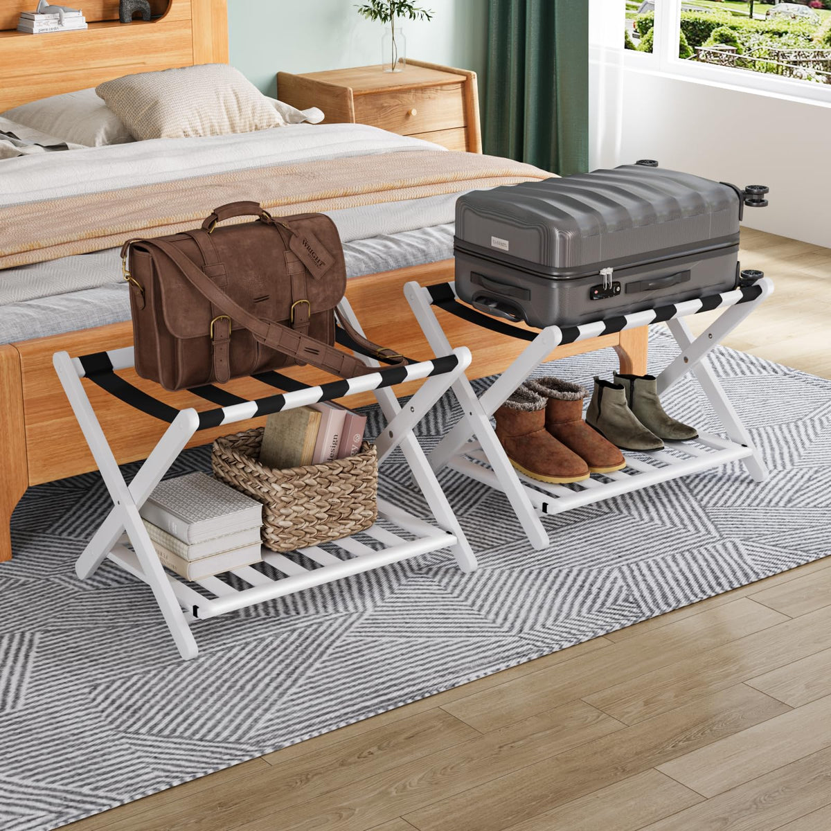 Smuxee Fully Assembled White Luggage Rack Pack Of 2, Bamboo Foldable Suitcase Stand With 5 Nylon Straps, Luggage Holder With She
