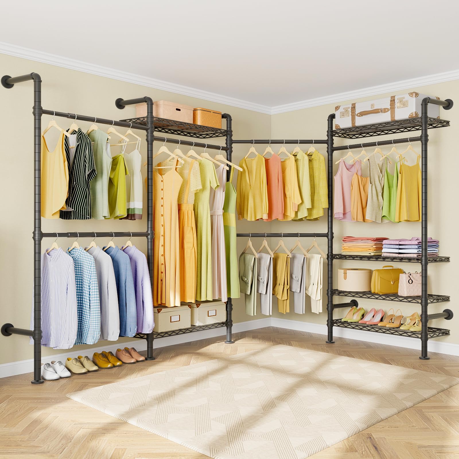 Timate L4 L Shape Garment Rack Heavy Duty Clothes Rack For Hanging Clothes, Expandable Industrial Pipe Clothing Rack, Wall Mount