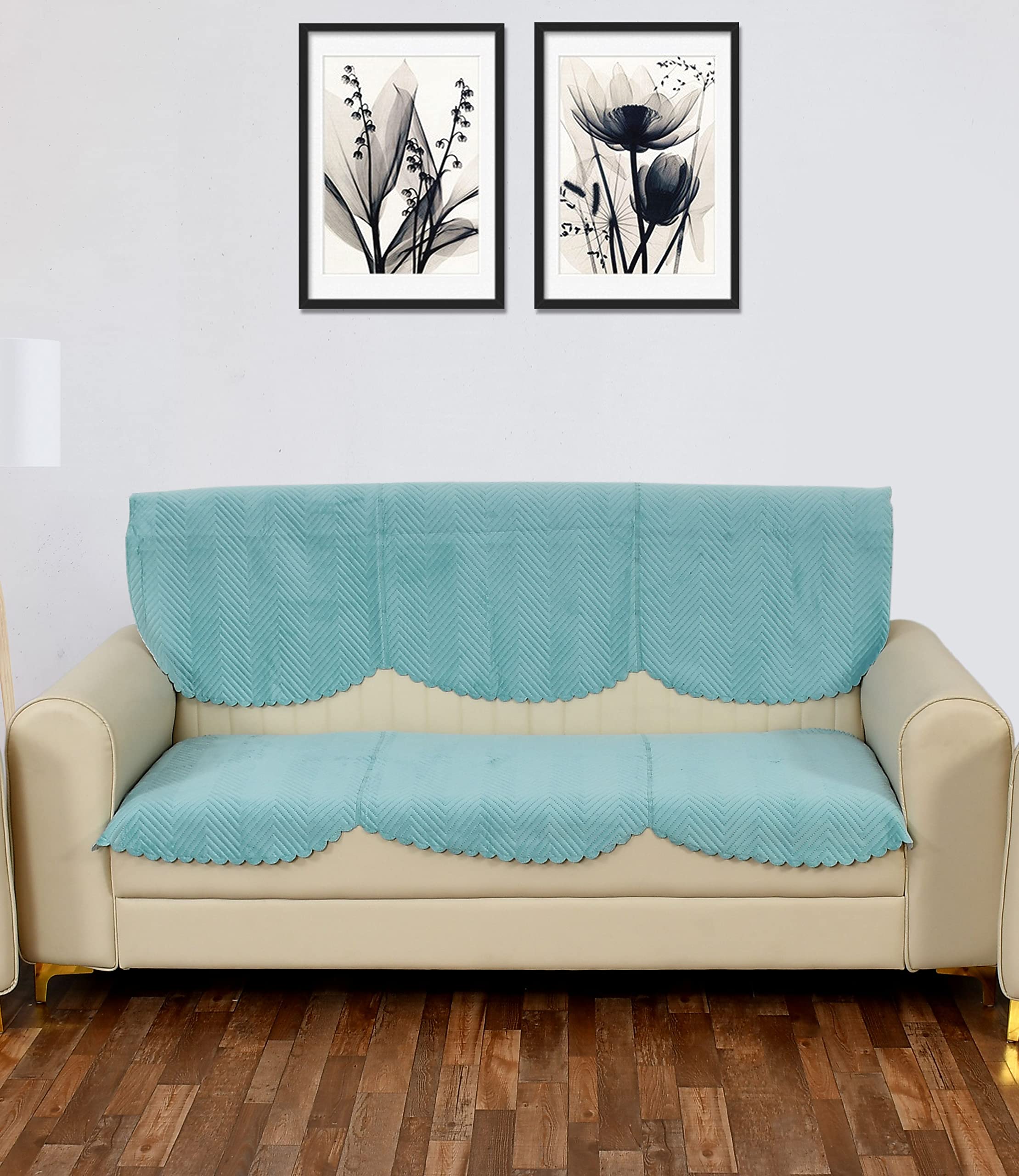 Yellow Weaves 3 Seater Quilted Sofa Cover And Chair Cover, Seat & Back Cover, Color - Sky Blue, Velvet